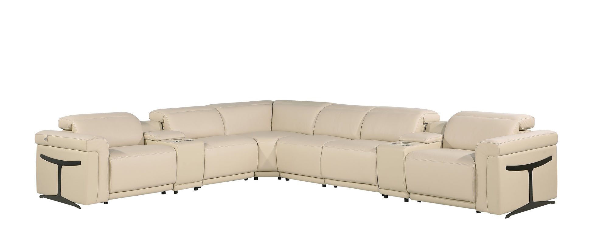Beige Italian Leather Modular L Shaped Eight Piece Corner Sectional With Console-Sectionals-DECOROLALA