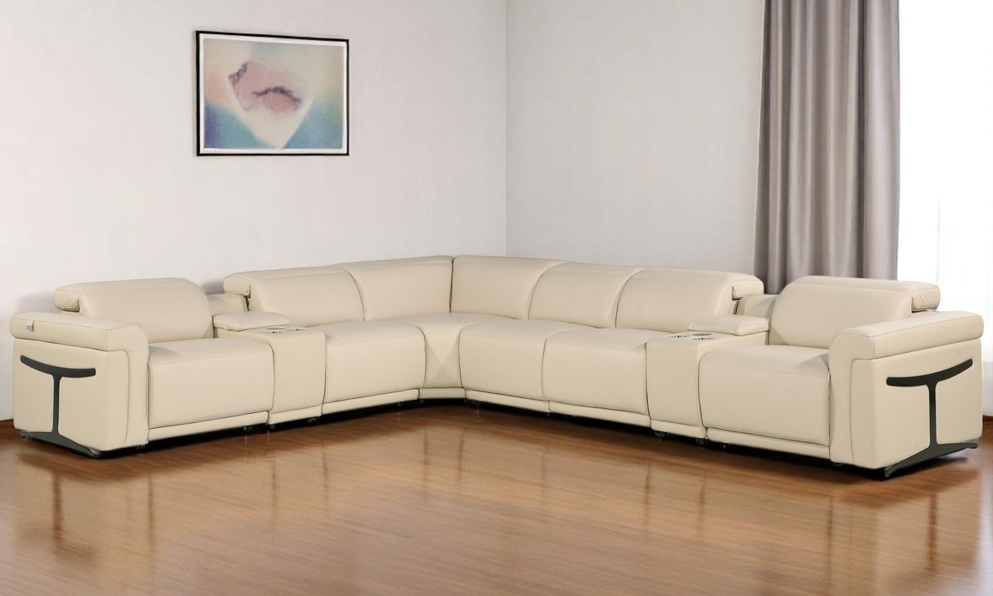 Beige Italian Leather Modular L Shaped Eight Piece Corner Sectional With Console-Sectionals-DECOROLALA