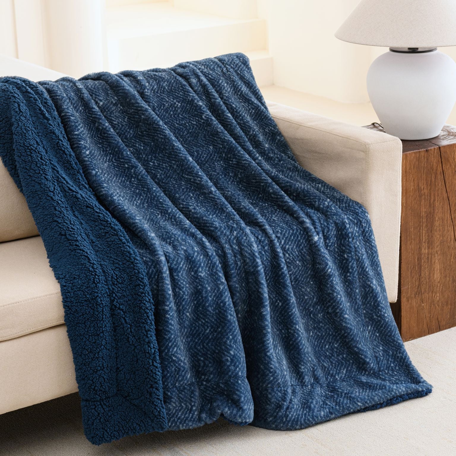 50" X 60" Oxford Blue Faux Fur Herringbone Plush Throw Blanket-Throws & Blankets-DECOROLALA