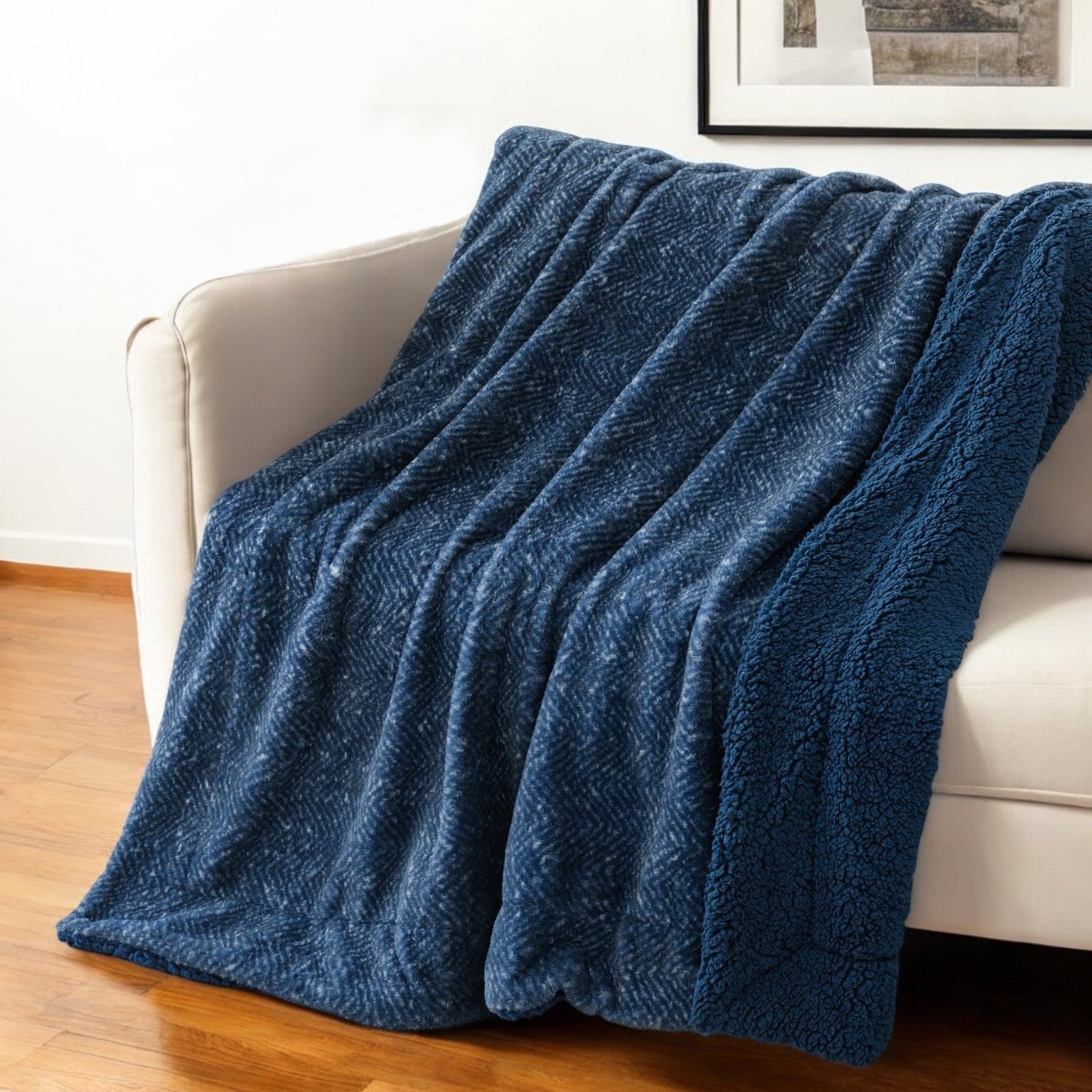 50" X 60" Oxford Blue Faux Fur Herringbone Plush Throw Blanket-Throws & Blankets-DECOROLALA