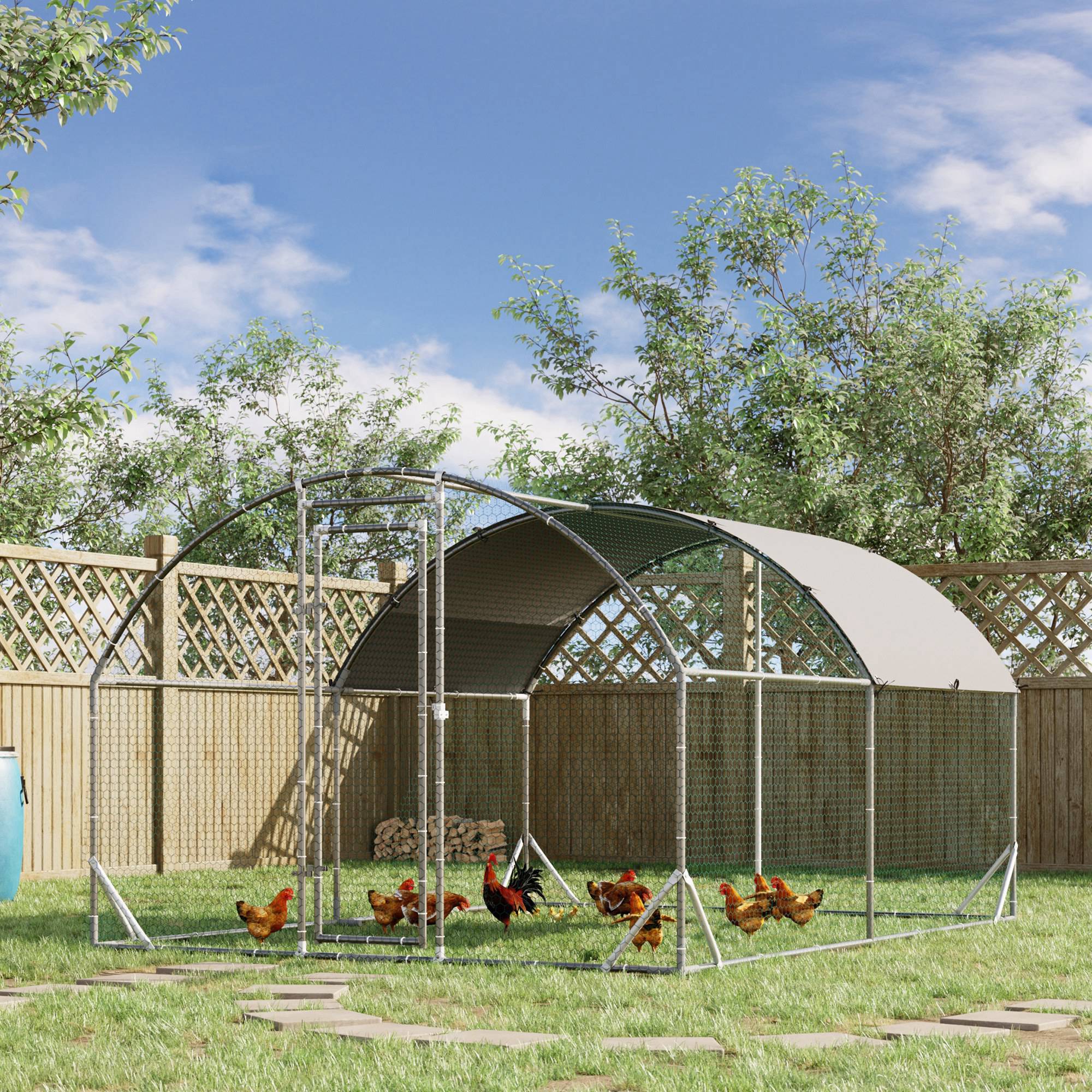Grand poulailler en métal galvanisé avec cage, enclos accessible, parcours pour volailles, maison pour poules, parc de jeu et clapier avec couverture pour extérieur et jardin, 9.2' x 12.5' x 6.5', argenté