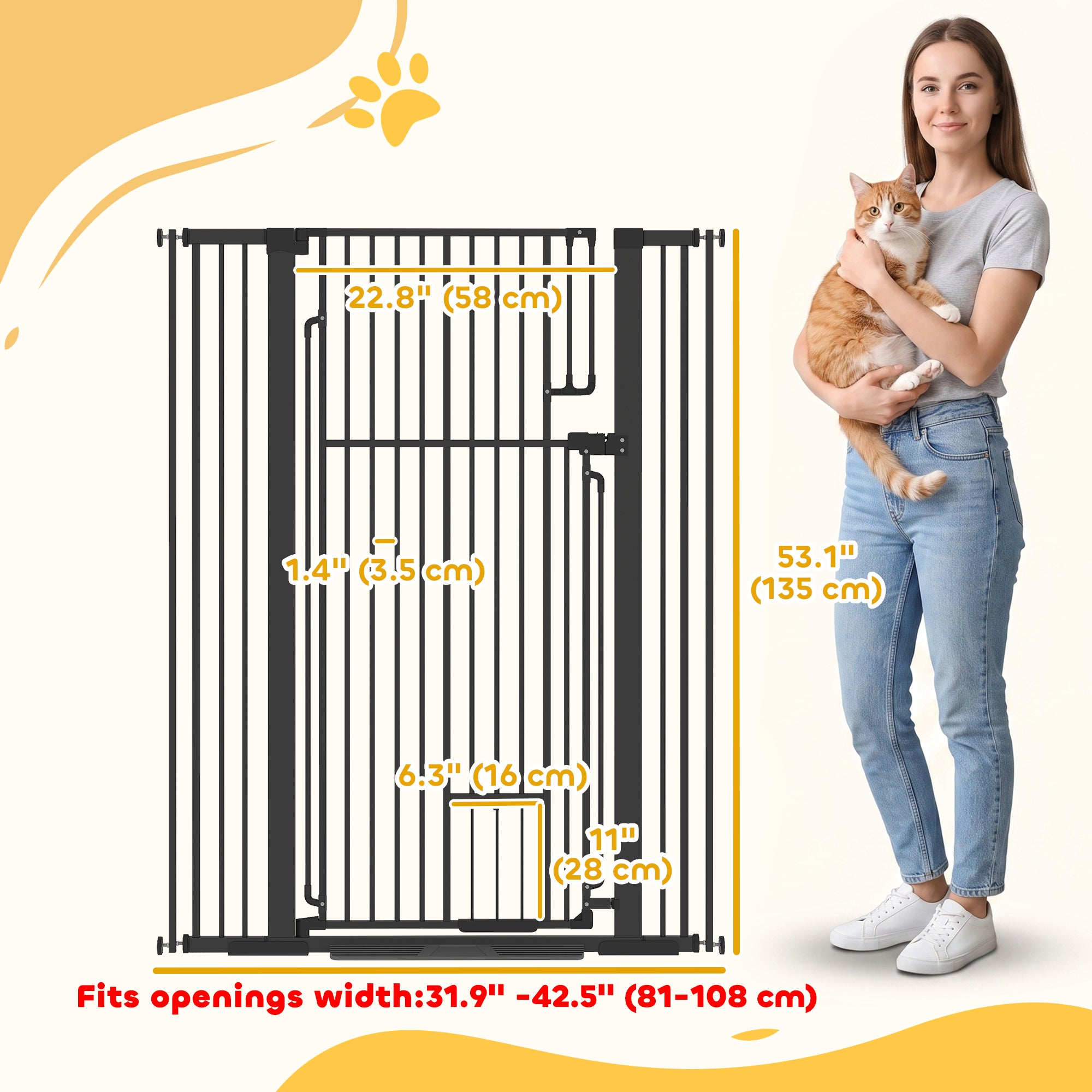 53.1" Tall Dog Gate with Cat Door, 32"-42.5" Wide Adjustable Pressure Mounted for Doorways, Hallways, No Drilling, Black-Dogs-DECOROLALA