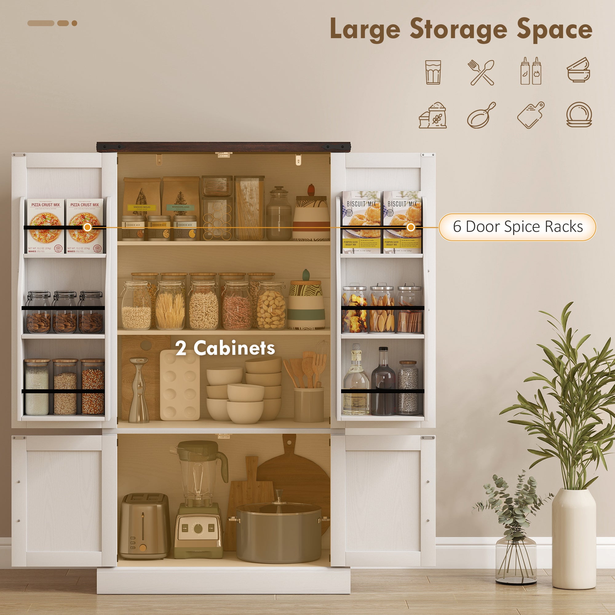 53.5" Pantry Cabinet - White Kitchen Storage with Adjustable Shelves & 6 Spice Racks-DECOROLALA