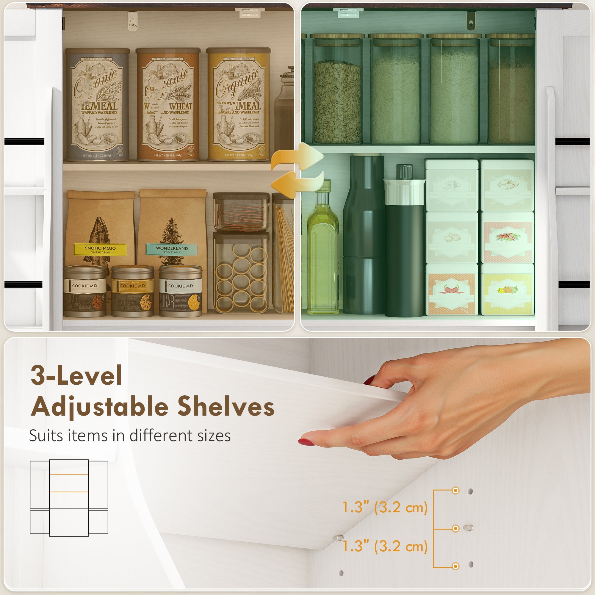53.5" Pantry Cabinet - White Kitchen Storage with Adjustable Shelves & 6 Spice Racks-DECOROLALA