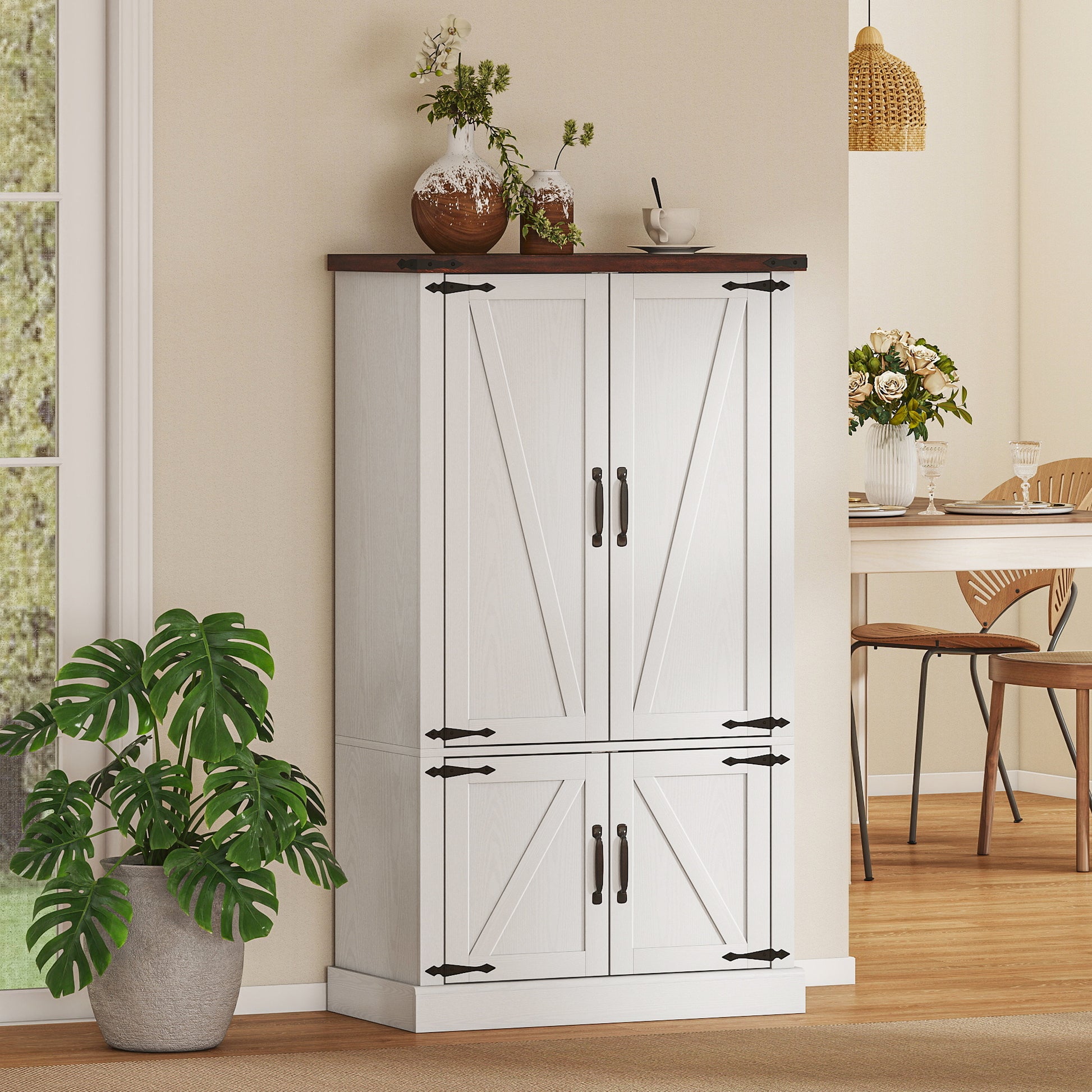 53.5" Pantry Cabinet - White Kitchen Storage with Adjustable Shelves & 6 Spice Racks-DECOROLALA