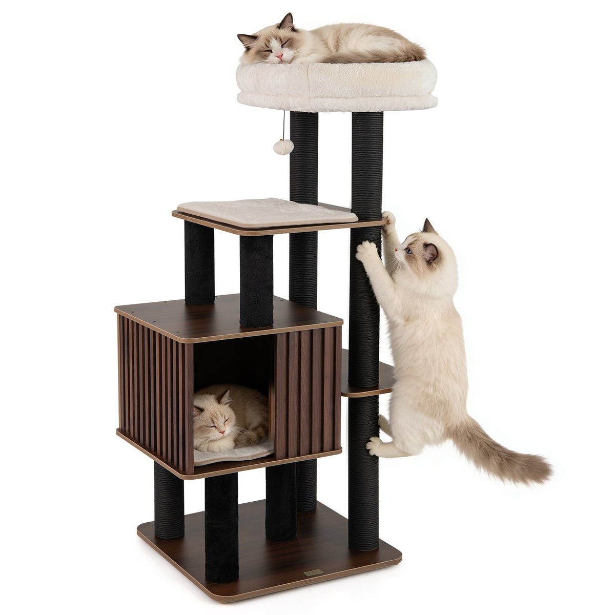 53.5 inch Tall Cat Tree for Indoor Cat Wooden Cat Tower Top Perch with Soft Padding-Brown-Cat Trees & Scratchers-DECOROLALA