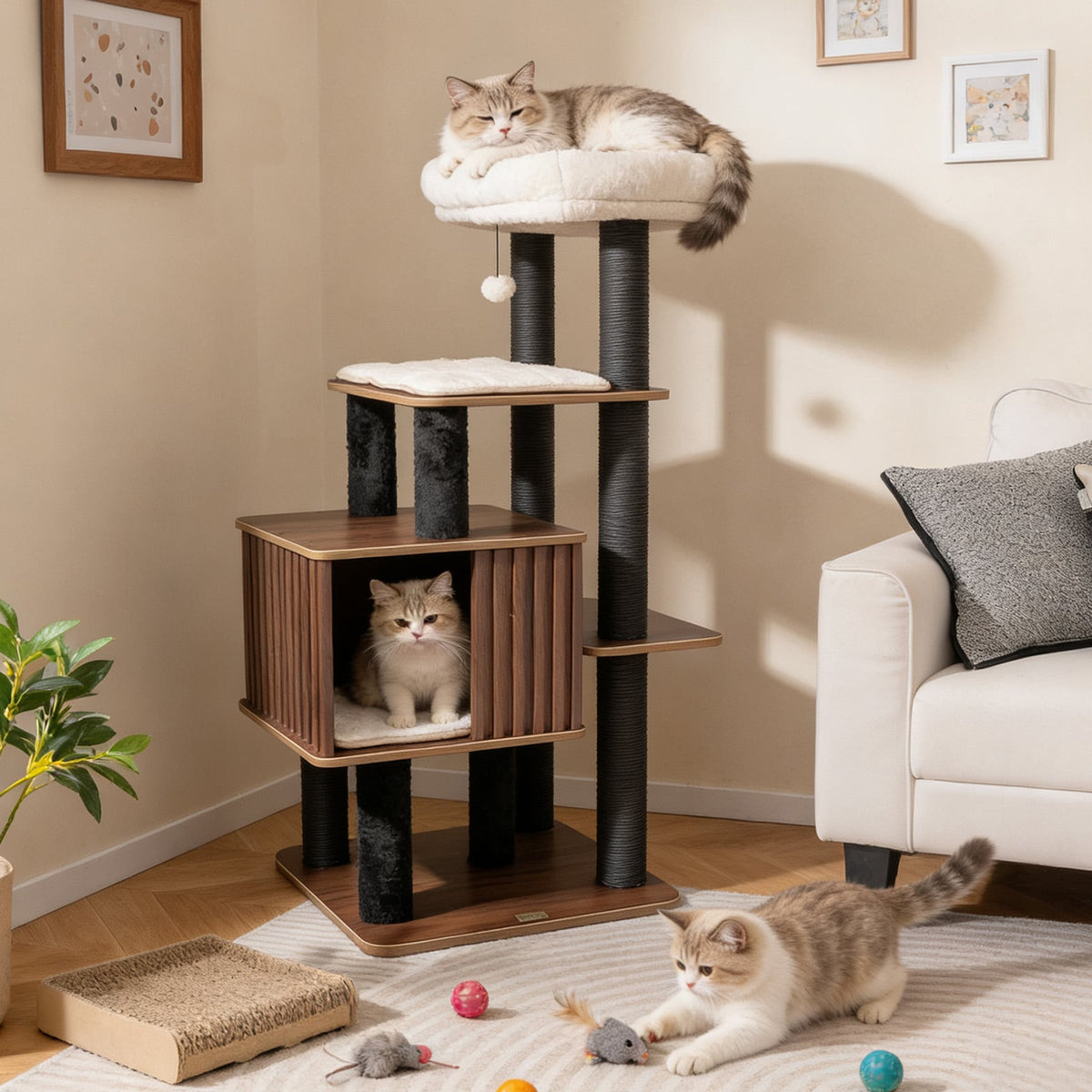 53.5 inch Tall Cat Tree for Indoor Cat Wooden Cat Tower Top Perch with Soft Padding-Brown-Cat Trees & Scratchers-DECOROLALA