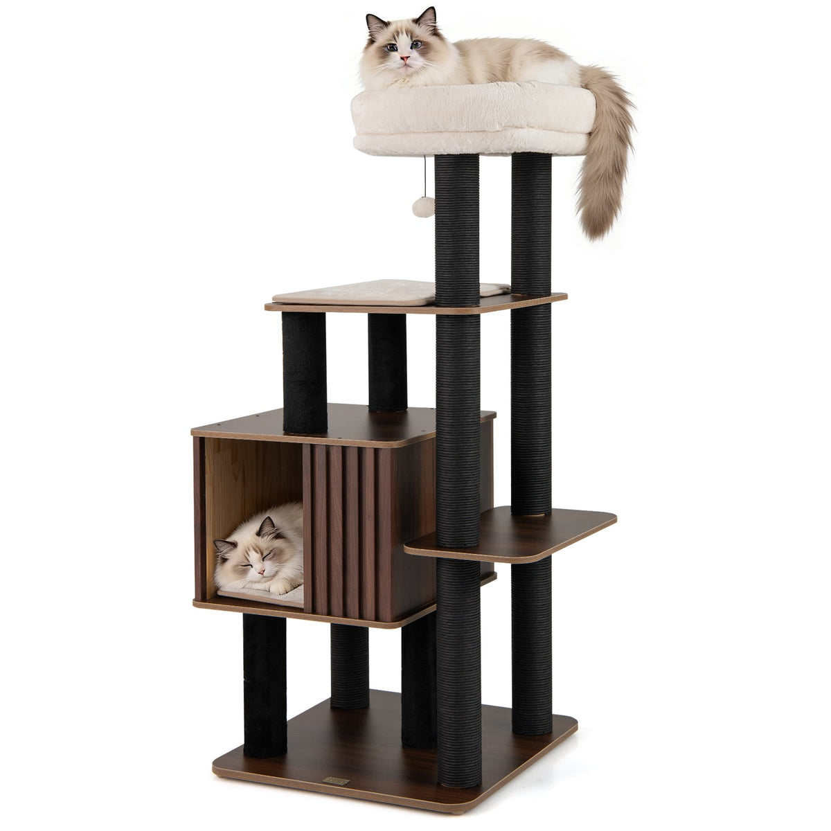 53.5 inch Tall Cat Tree for Indoor Cat Wooden Cat Tower Top Perch with Soft Padding-Brown-Cat Trees & Scratchers-DECOROLALA