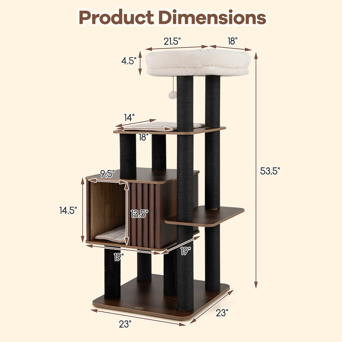 53.5 inch Tall Cat Tree for Indoor Cat Wooden Cat Tower Top Perch with Soft Padding-Brown-Cat Trees & Scratchers-DECOROLALA