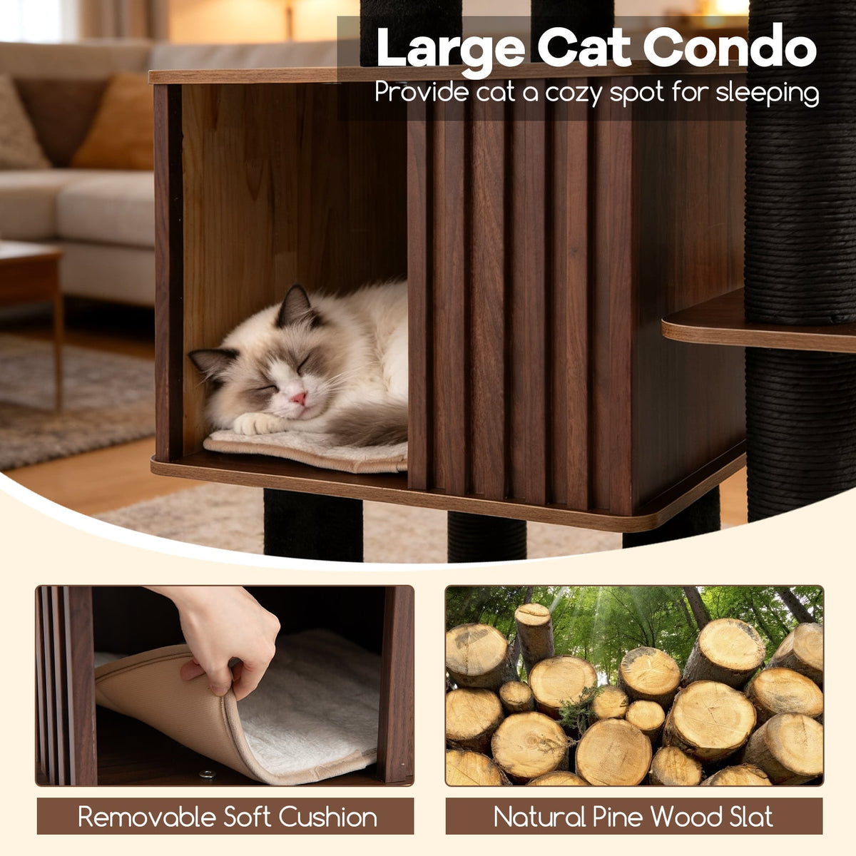53.5 inch Tall Cat Tree for Indoor Cat Wooden Cat Tower Top Perch with Soft Padding-Brown-Cat Trees & Scratchers-DECOROLALA