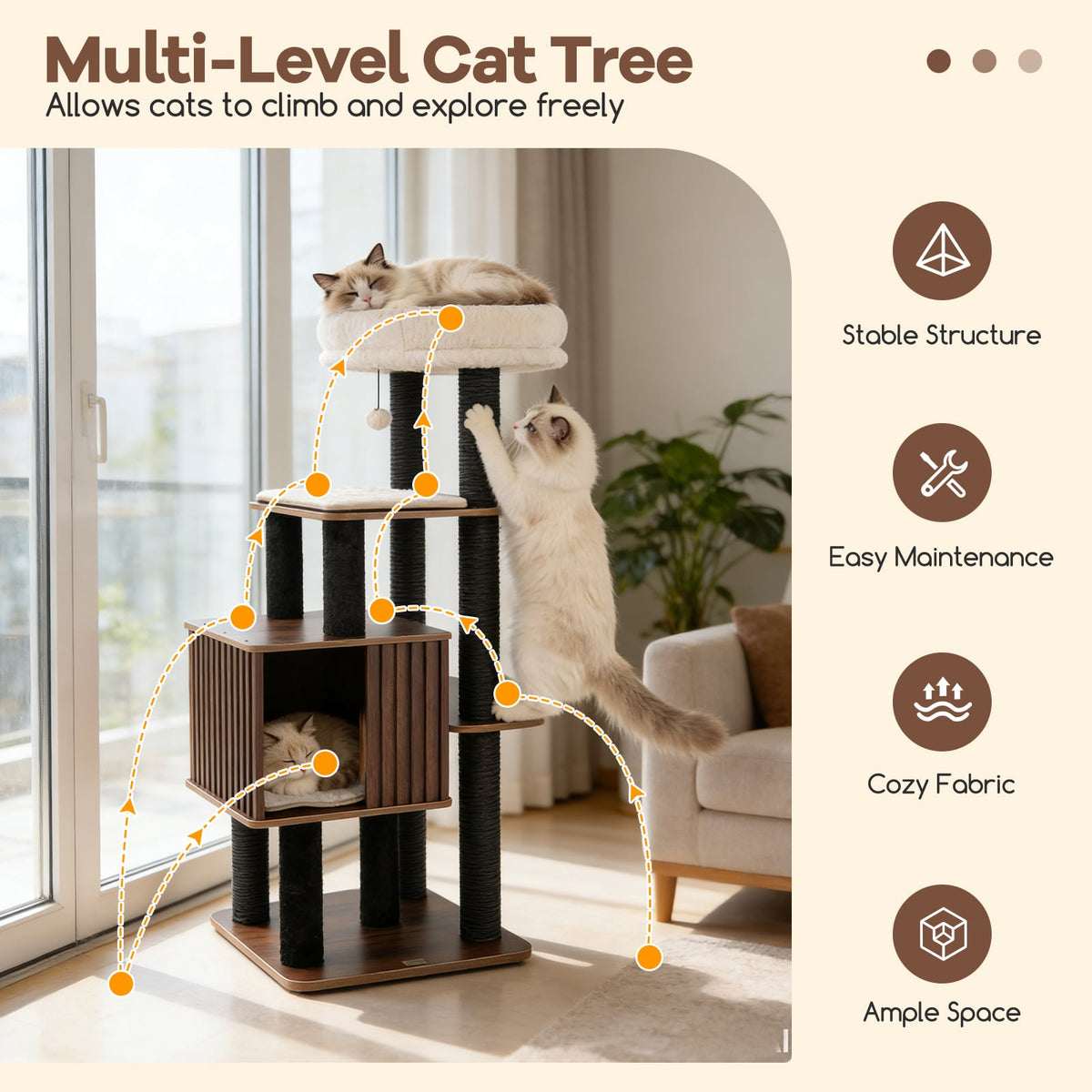 53.5 inch Tall Cat Tree for Indoor Cat Wooden Cat Tower Top Perch with Soft Padding-Brown-Cat Trees & Scratchers-DECOROLALA