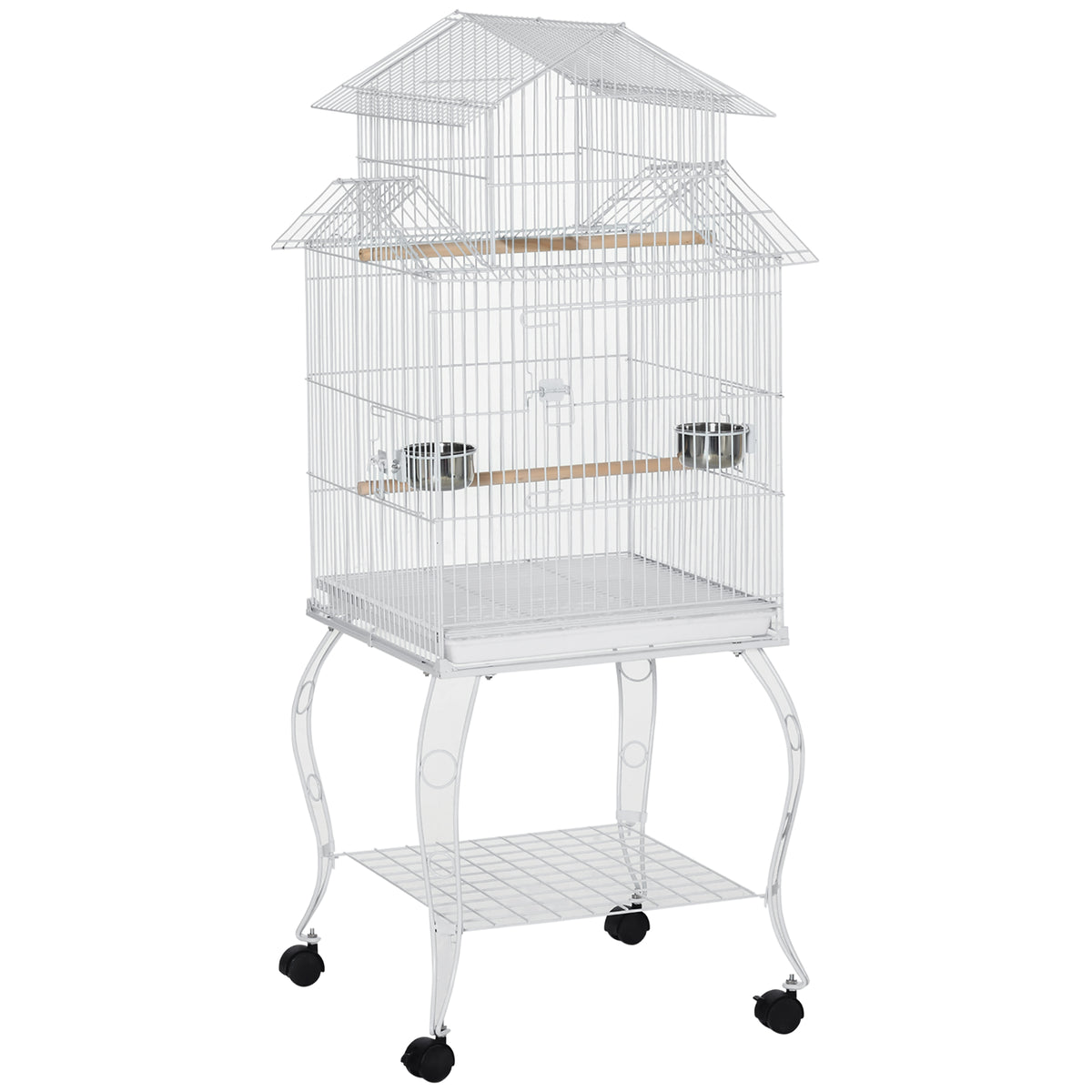 53.9" Large Rolling Steel Bird Cage with Storage Shelf - White-Birds-DECOROLALA