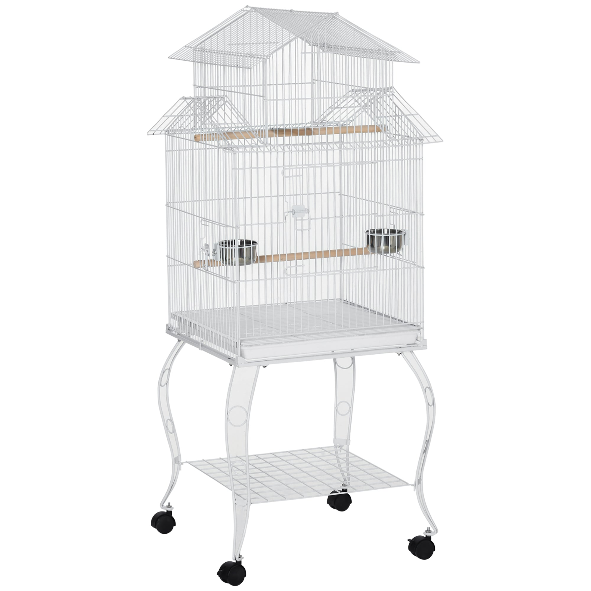 53.9" Large Rolling Steel Bird Cage with Storage Shelf - White-Birds-DECOROLALA