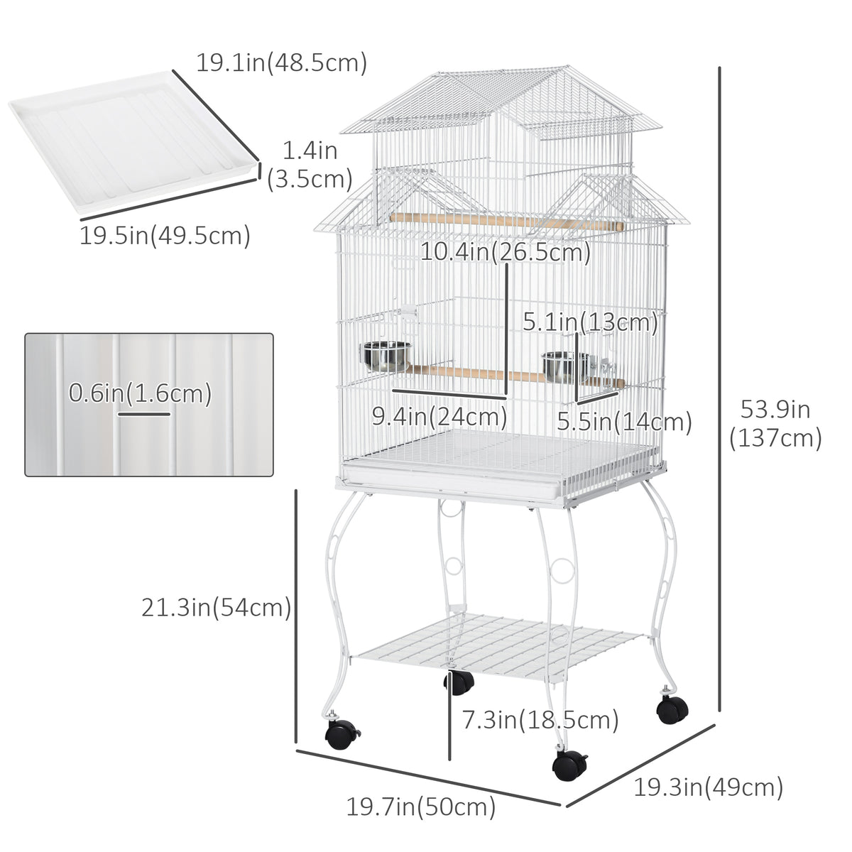 53.9" Large Rolling Steel Bird Cage with Storage Shelf - White-Birds-DECOROLALA