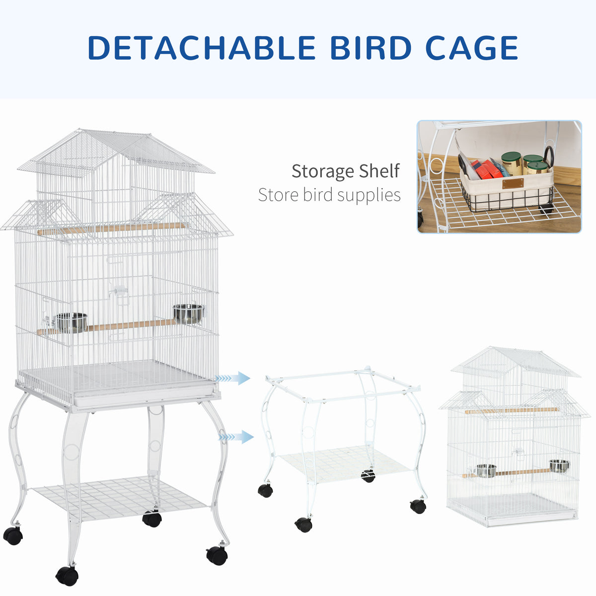 53.9" Large Rolling Steel Bird Cage with Storage Shelf - White-Birds-DECOROLALA
