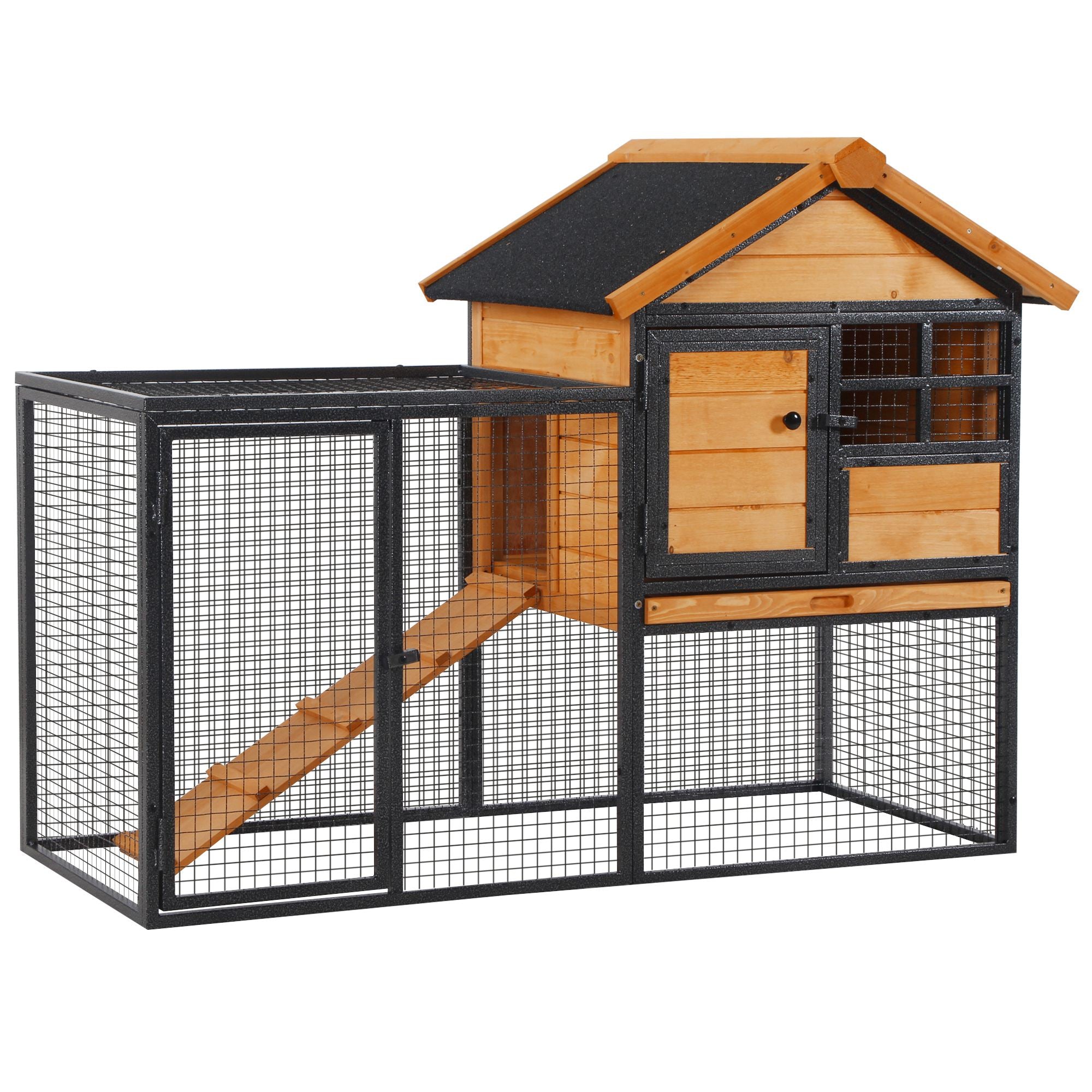 Clapier extérieur pour lapins, 48"L, grand enclos en bois avec espace de course, structure métallique résistante aux morsures, plateau en plastique amovible, toit en asphalte, rampe, cage pour cochons d’Inde et 1 à 2 lapins, jaune