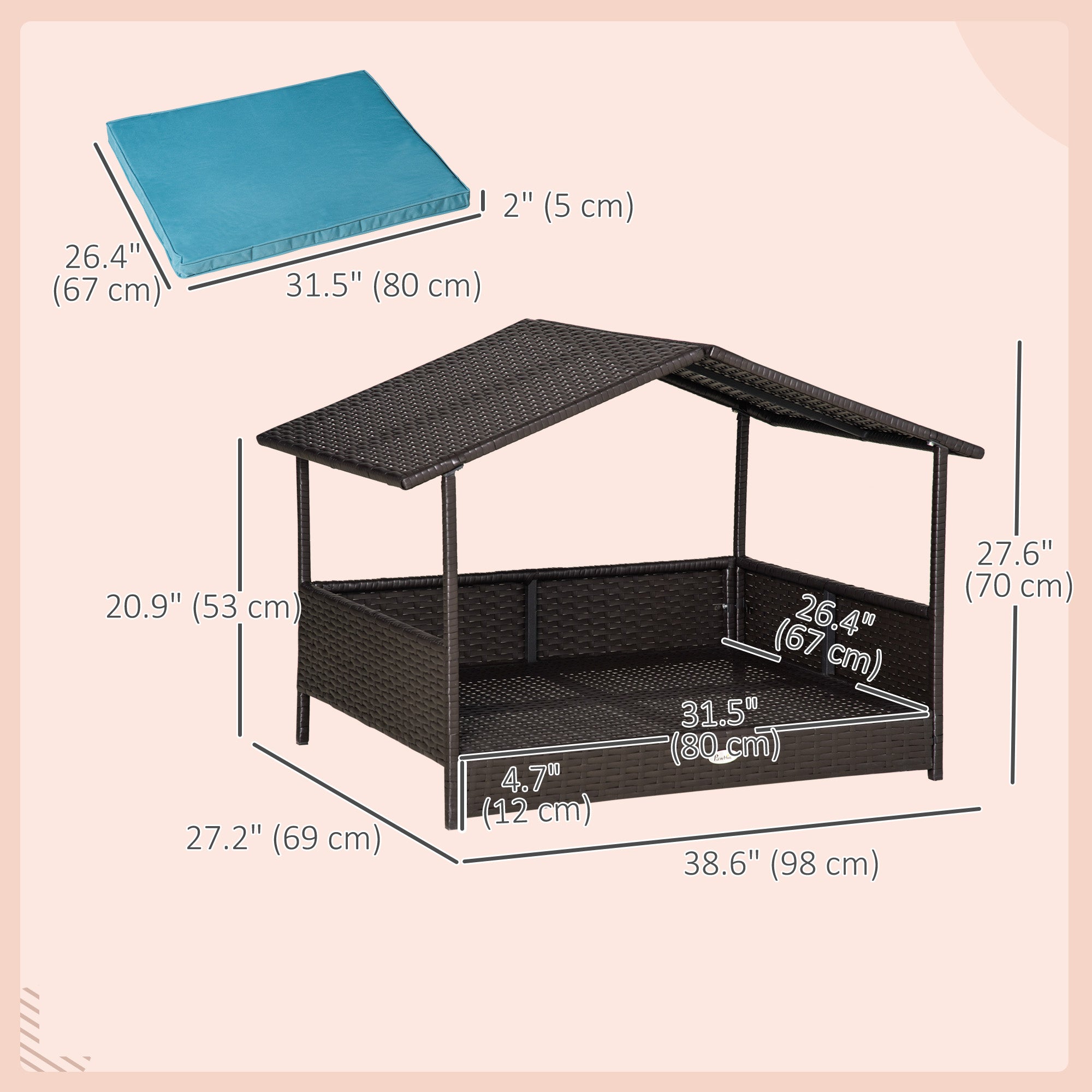 Rattan Dog House with Canopy, Wicker Dog Bed with Water-Resistant Cushion, for Small and Medium Breeds Blue