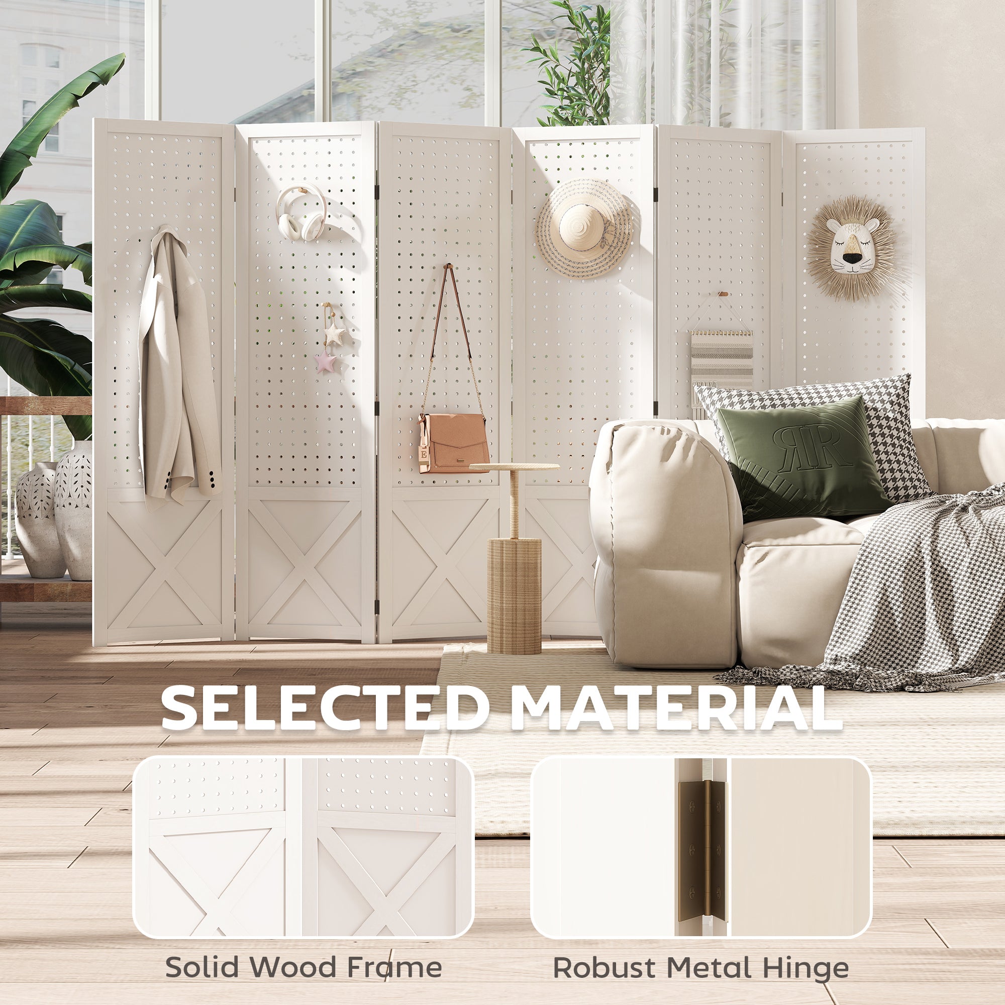 56.9" 6 Panel Wooden Room Divider with Pegboard Display, Folding Privacy Screen for Home Office, White