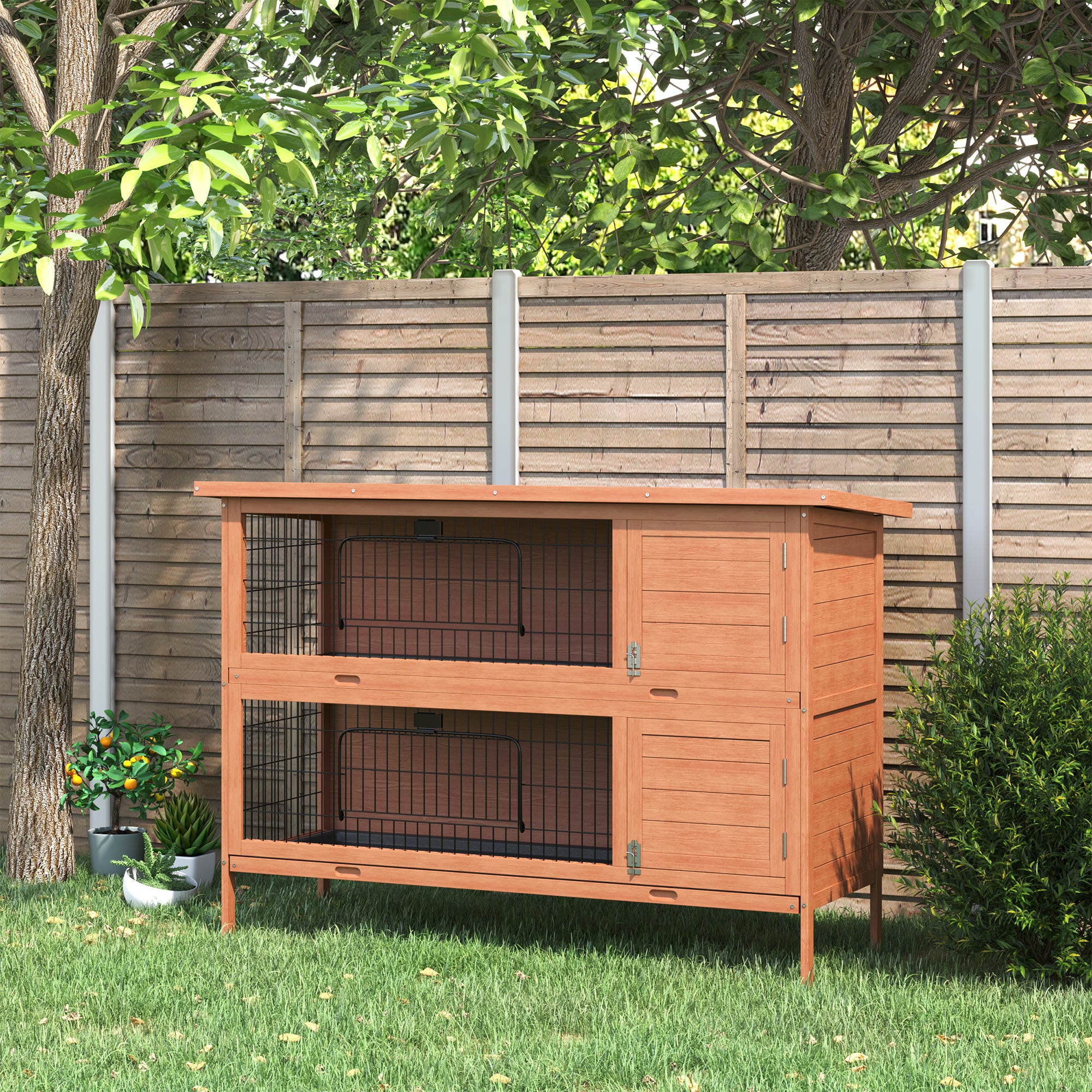 54" 2-Story Wooden Rabbit Hutch - Orange Outdoor Pet House-Small Animals-DECOROLALA
