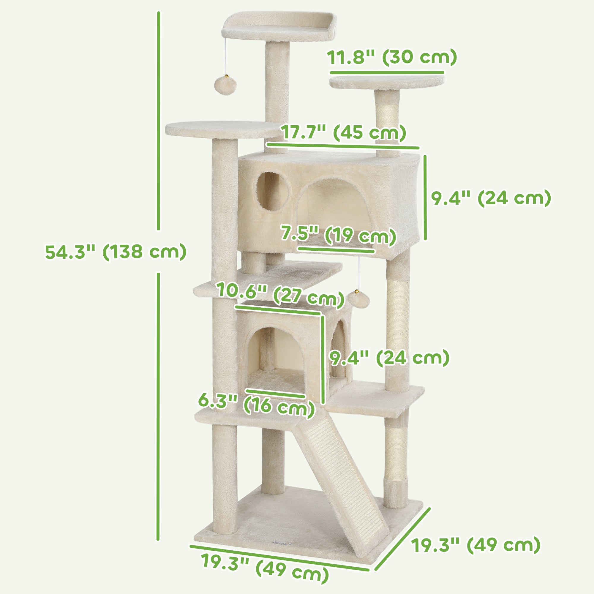 54" Cat Tree, Multi-Level Cat Tower with Scratching Posts, Cat Condos, Bed, Platforms, Ramp, Toy Ball, Beige-Cats-DECOROLALA