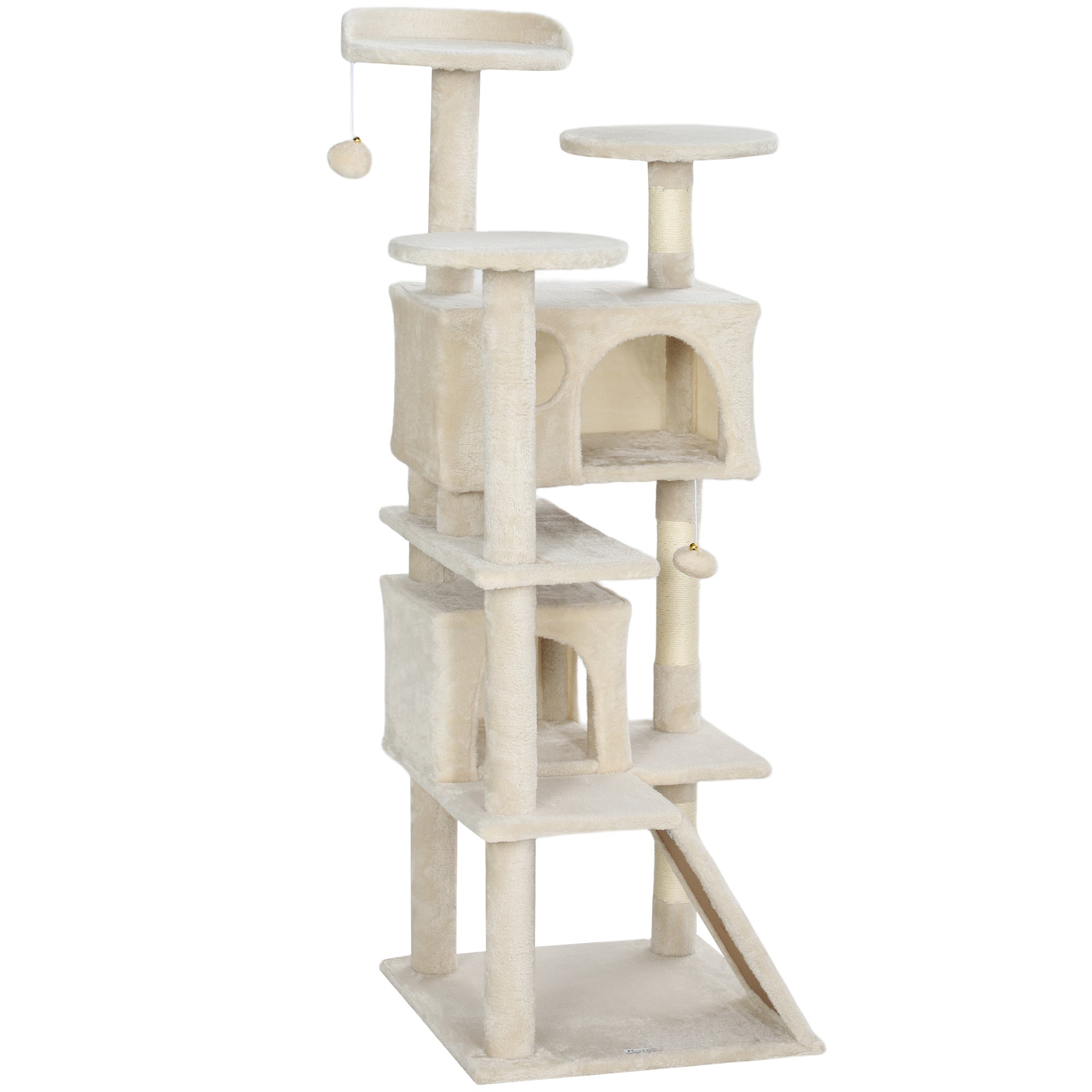 54" Cat Tree, Multi-Level Cat Tower with Scratching Posts, Cat Condos, Bed, Platforms, Ramp, Toy Ball, Beige-Cats-DECOROLALA