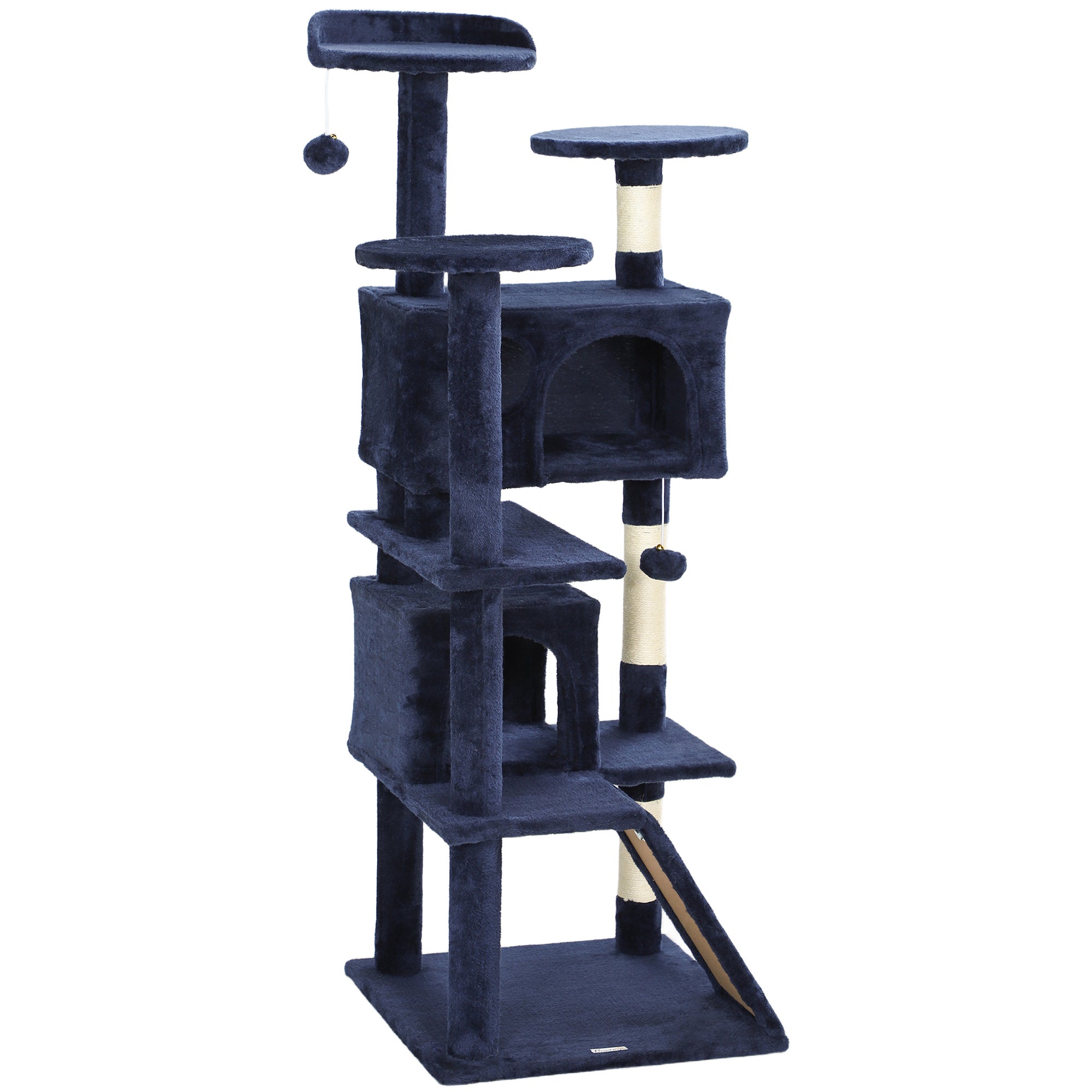 54" Cat Tree, Multi-Level Cat Tower with Scratching Posts, Cat Condos, Bed, Platforms, Ramp, Toy Ball, Dark Blue-Cats-DECOROLALA