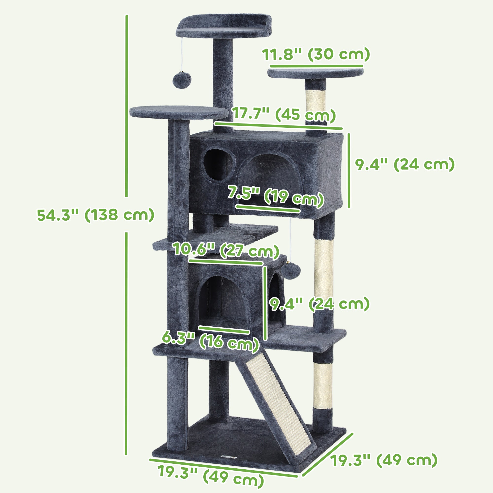 54" Cat Tree, Multi-Level Cat Tower with Scratching Posts, Cat Condos, Bed, Platforms, Ramp, Toy Ball, Dark Grey-Cats-DECOROLALA