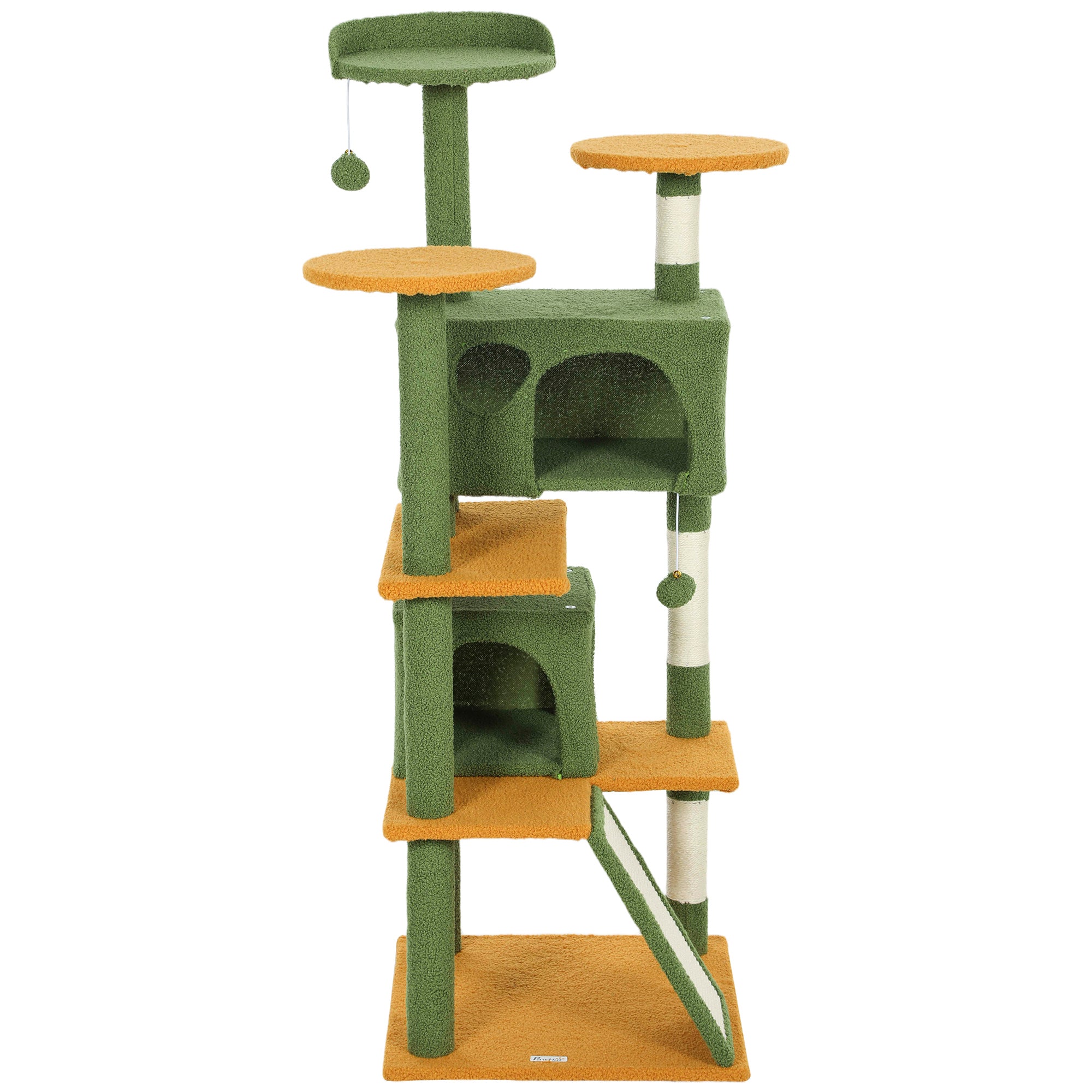 54" Cat Tree, Multi-Level Cat Tower with Scratching Posts, Cat Condos, Bed, Platforms, Ramp, Toy Ball, Green-Cats-DECOROLALA