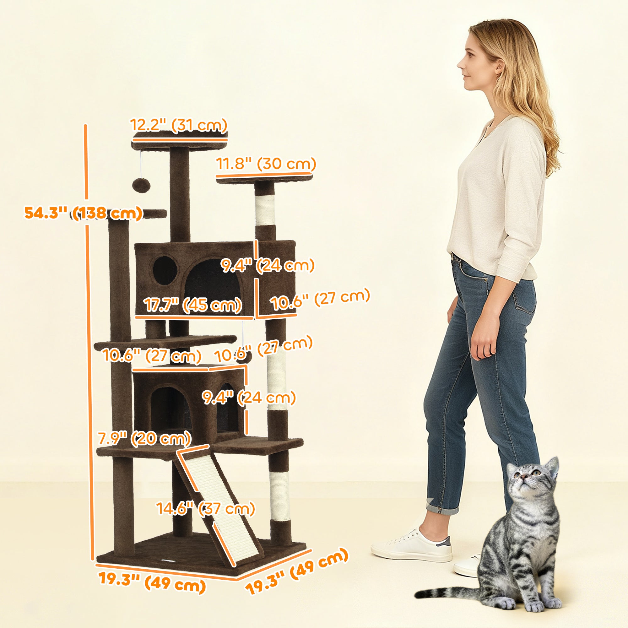 54" Cat Tree, Multi-Level Cat Tower with Scratching Posts, Cat Condos, Bed, Platforms, Ramp, Toy Ball, Light Brown-Cats-DECOROLALA