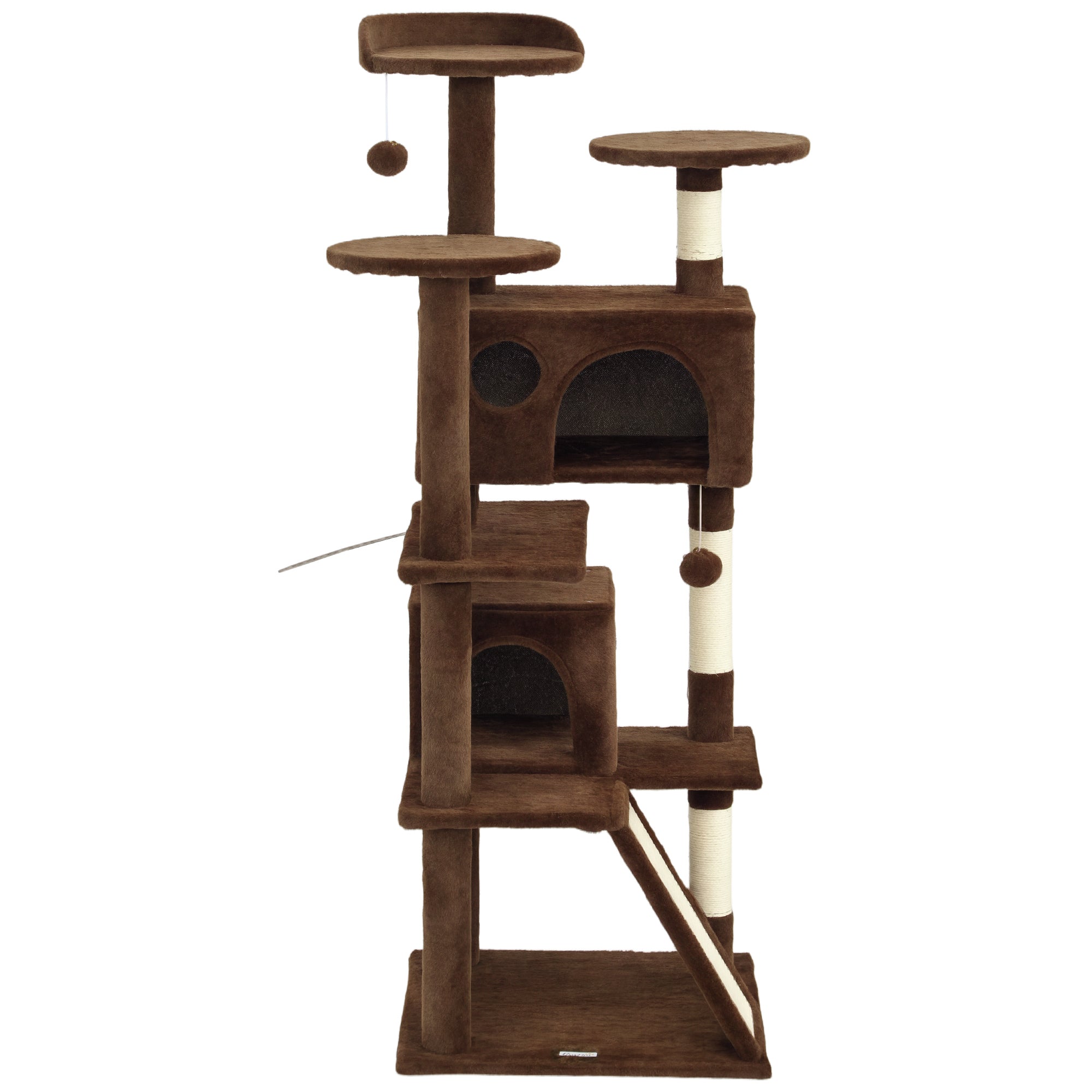 54" Cat Tree, Multi-Level Cat Tower with Scratching Posts, Cat Condos, Bed, Platforms, Ramp, Toy Ball, Light Brown-Cats-DECOROLALA