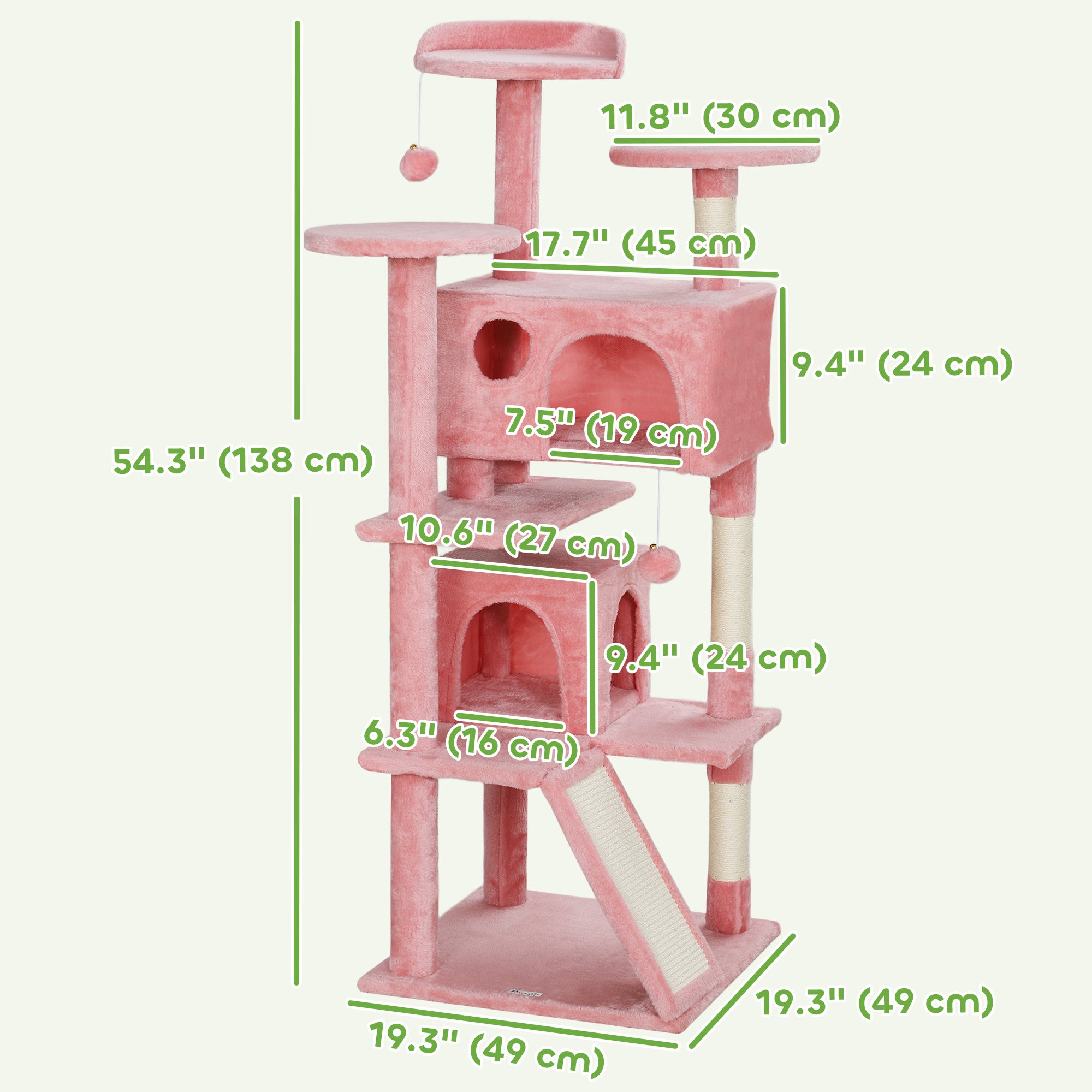 54" Cat Tree, Multi-Level Cat Tower with Scratching Posts, Cat Condos, Bed, Platforms, Ramp, Toy Ball, Pink-Cats-DECOROLALA