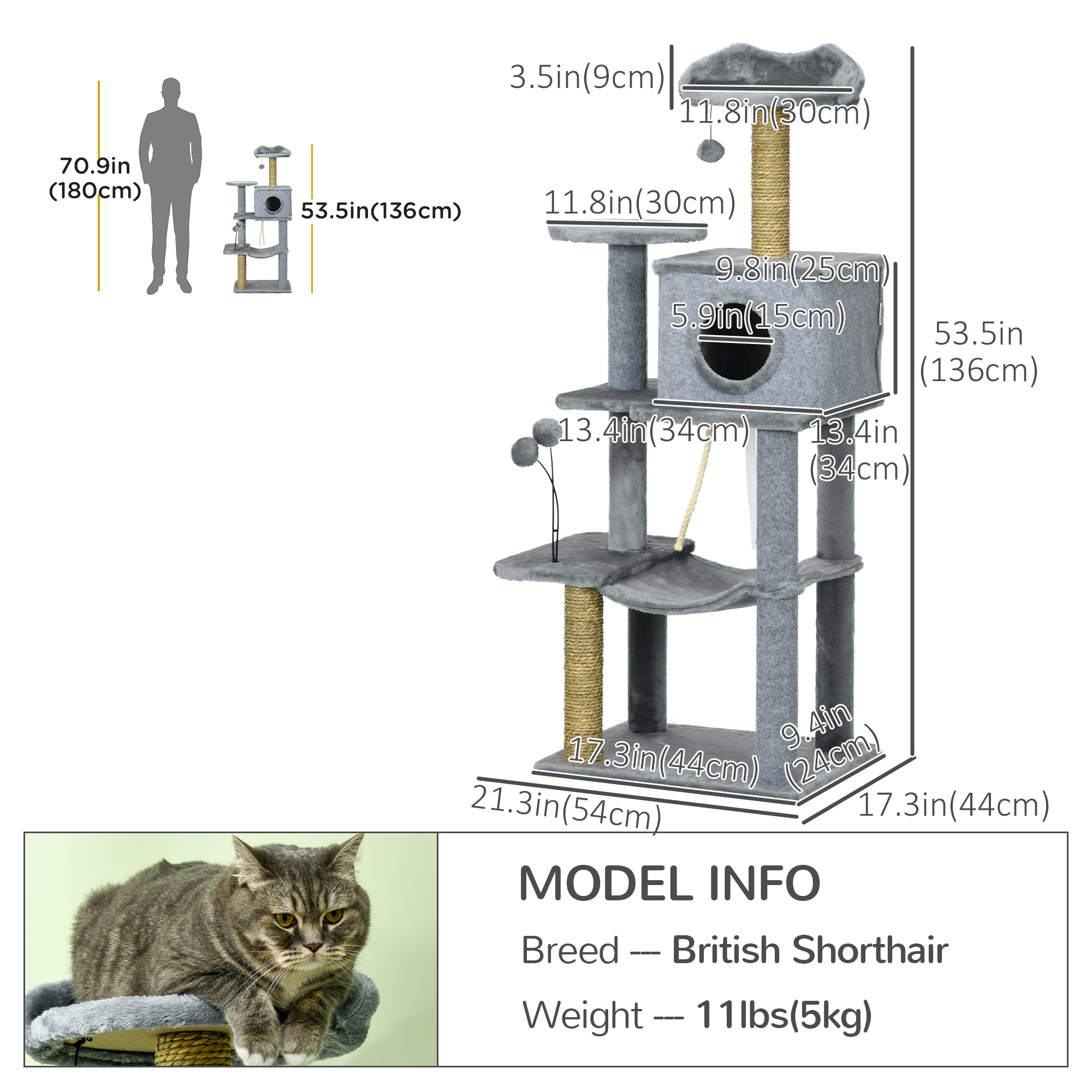 54" Cat Tree for Larger Cats Adult with Hammock, Tal Cat Tree Tower with Scratching Post, Condo, Platforms, Play Balls for Indoor Cats, Grey-Cats-DECOROLALA