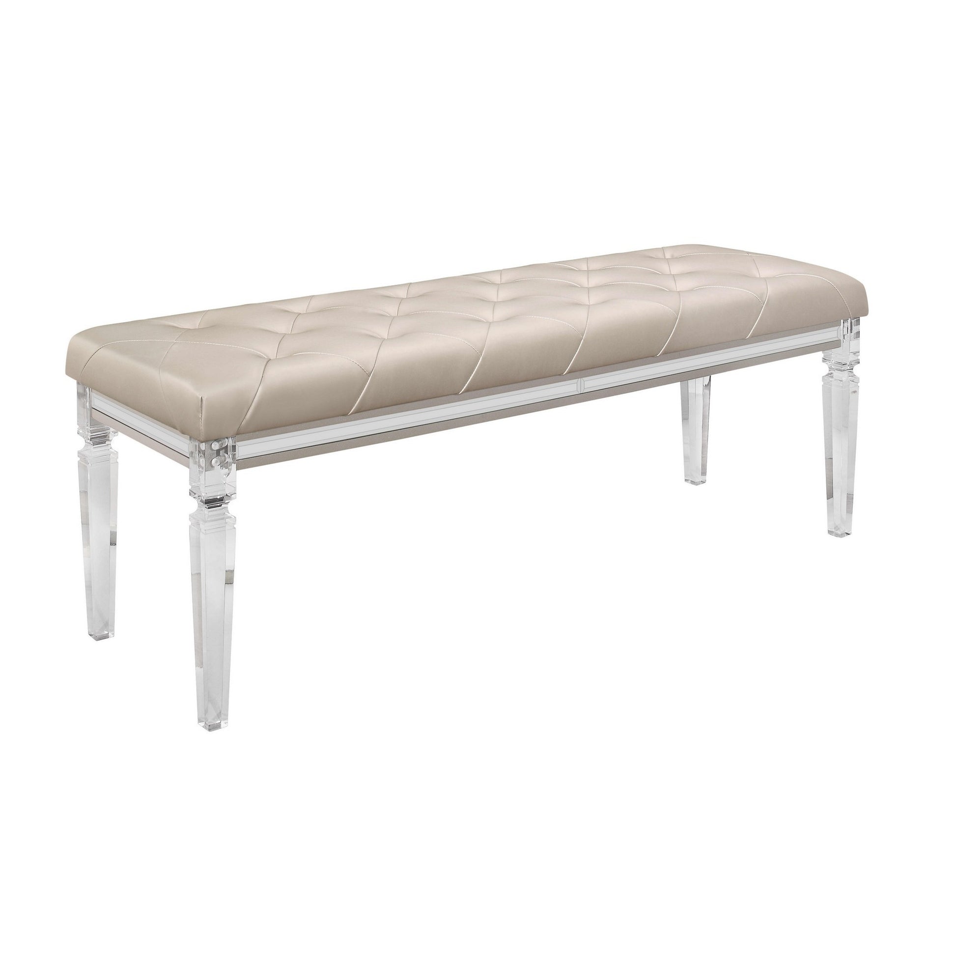 54" Champagne and Clear Upholstered Faux Leather Bench-Benches-DECOROLALA