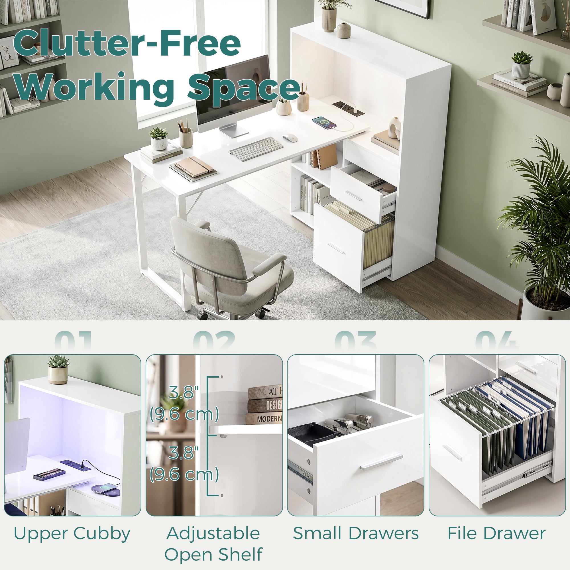 54" Computer Desk with Drawers, Home Office Desk with Storage, Power Outlets and LED Lights, White-Office Products > Office Furniture > Office Desks & Work Stations > Computer Desks-DECOROLALA