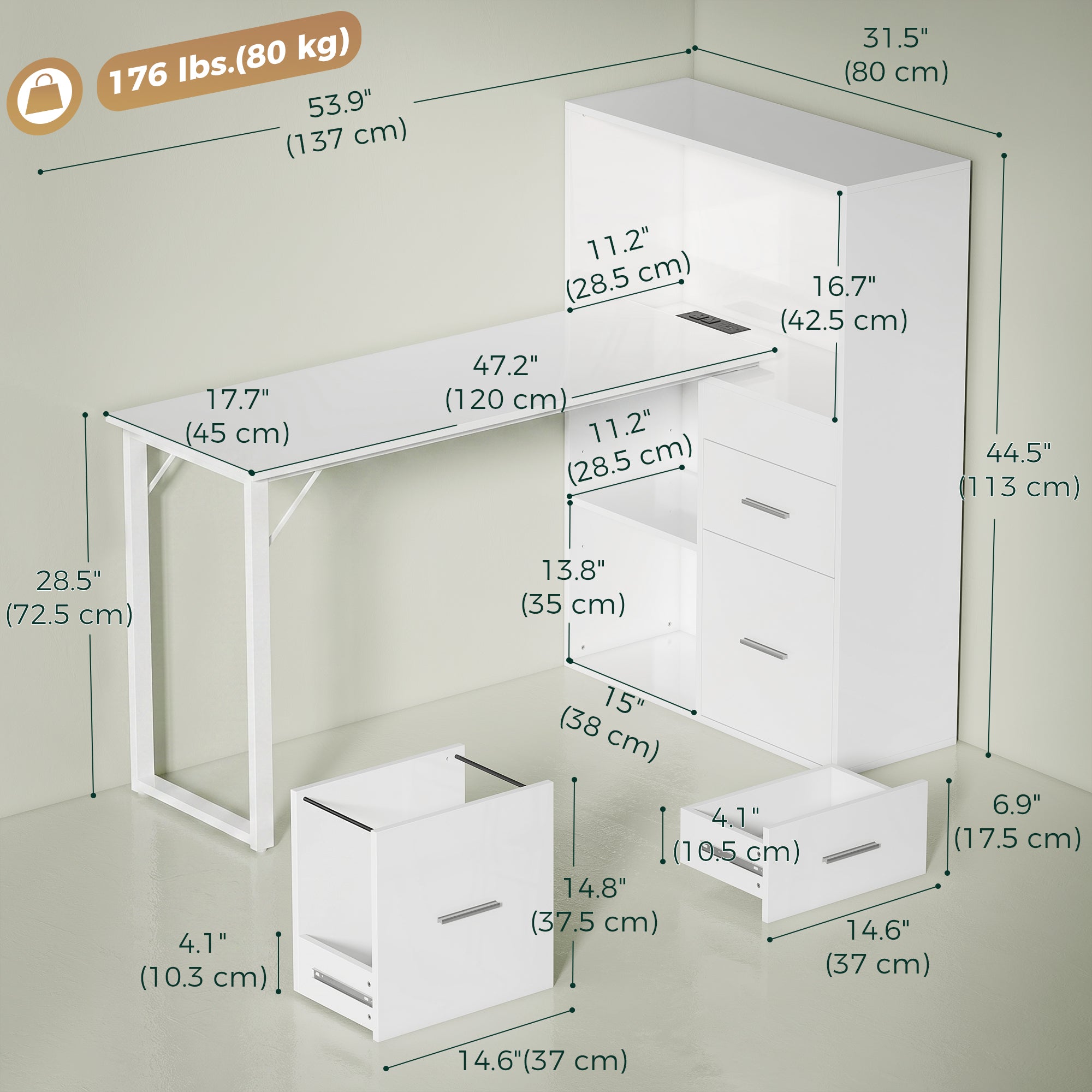 54" Computer Desk with LED Lights & Power Outlets - White-Office Products > Office Furniture > Office Desks & Work Stations > Computer Desks-DECOROLALA