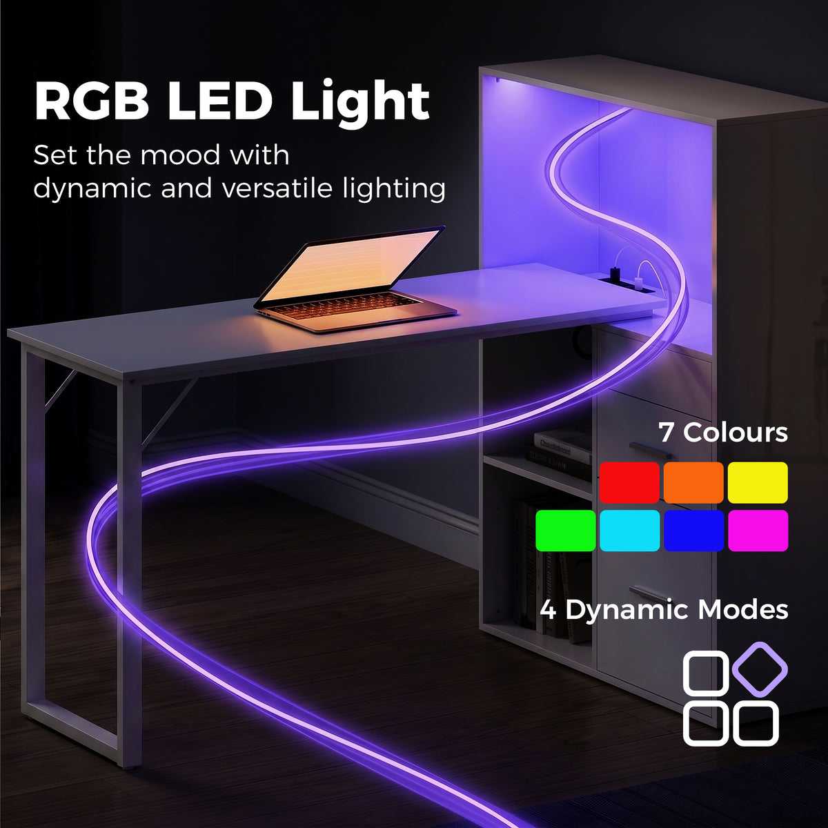 54" Computer Desk with LED Lights & Power Outlets - White-Office Products > Office Furniture > Office Desks & Work Stations > Computer Desks-DECOROLALA