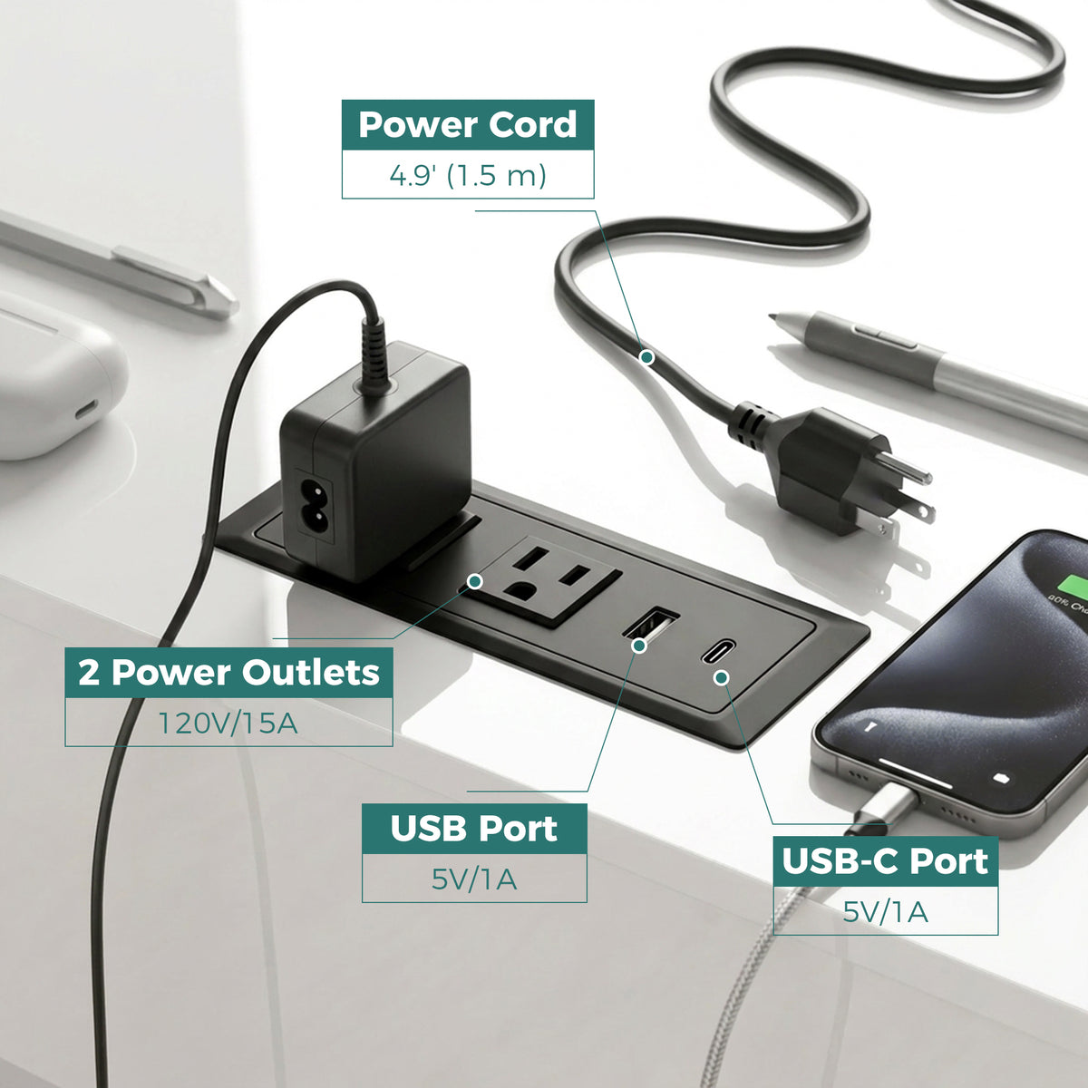 54" Computer Desk with LED Lights & Power Outlets - White-Office Products > Office Furniture > Office Desks & Work Stations > Computer Desks-DECOROLALA
