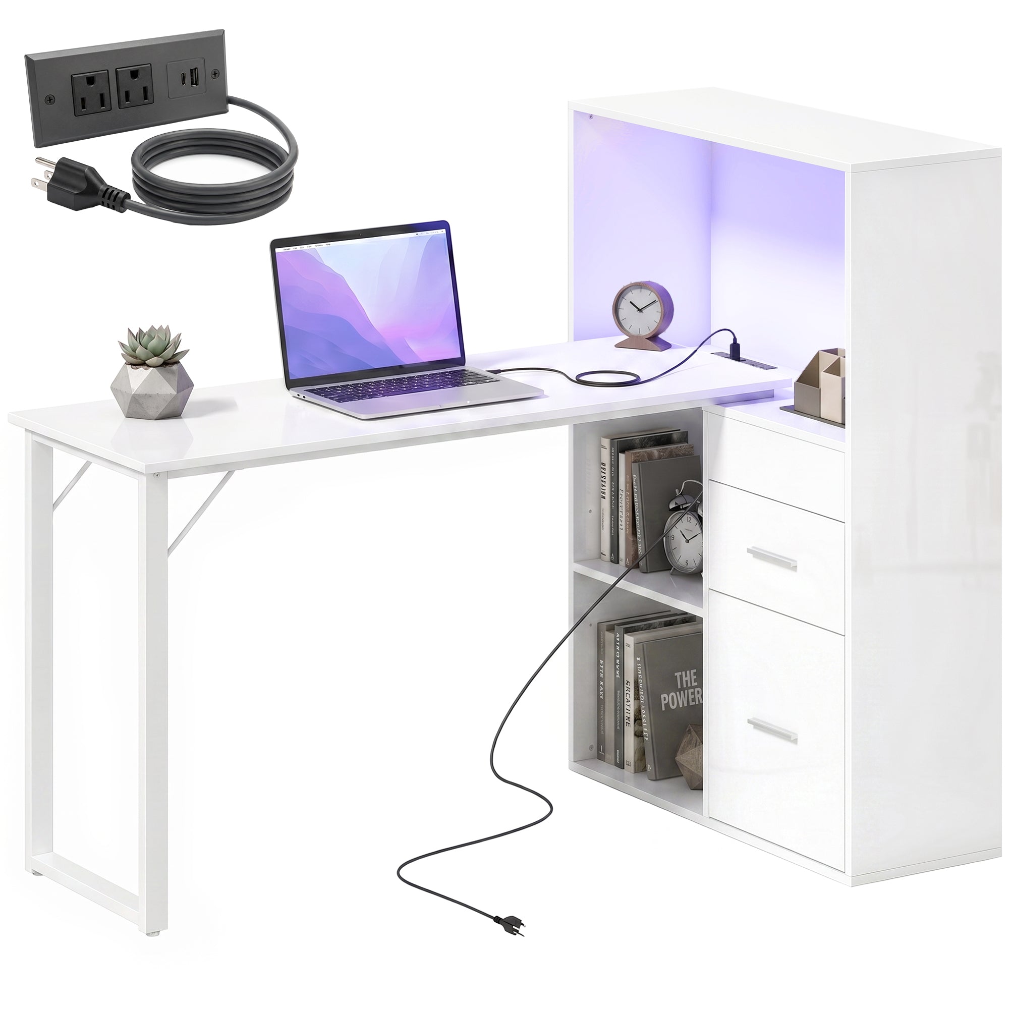 54" Computer Desk with LED Lights & Power Outlets - White-Office Products > Office Furniture > Office Desks & Work Stations > Computer Desks-DECOROLALA