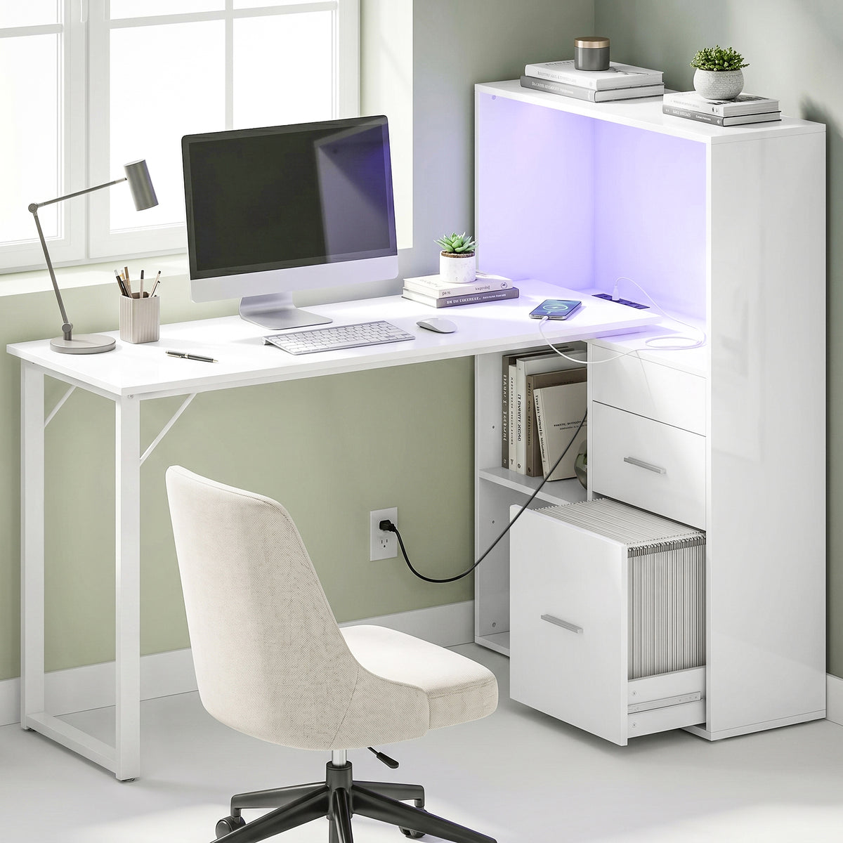 54" Computer Desk with LED Lights & Power Outlets - White-Office Products > Office Furniture > Office Desks & Work Stations > Computer Desks-DECOROLALA
