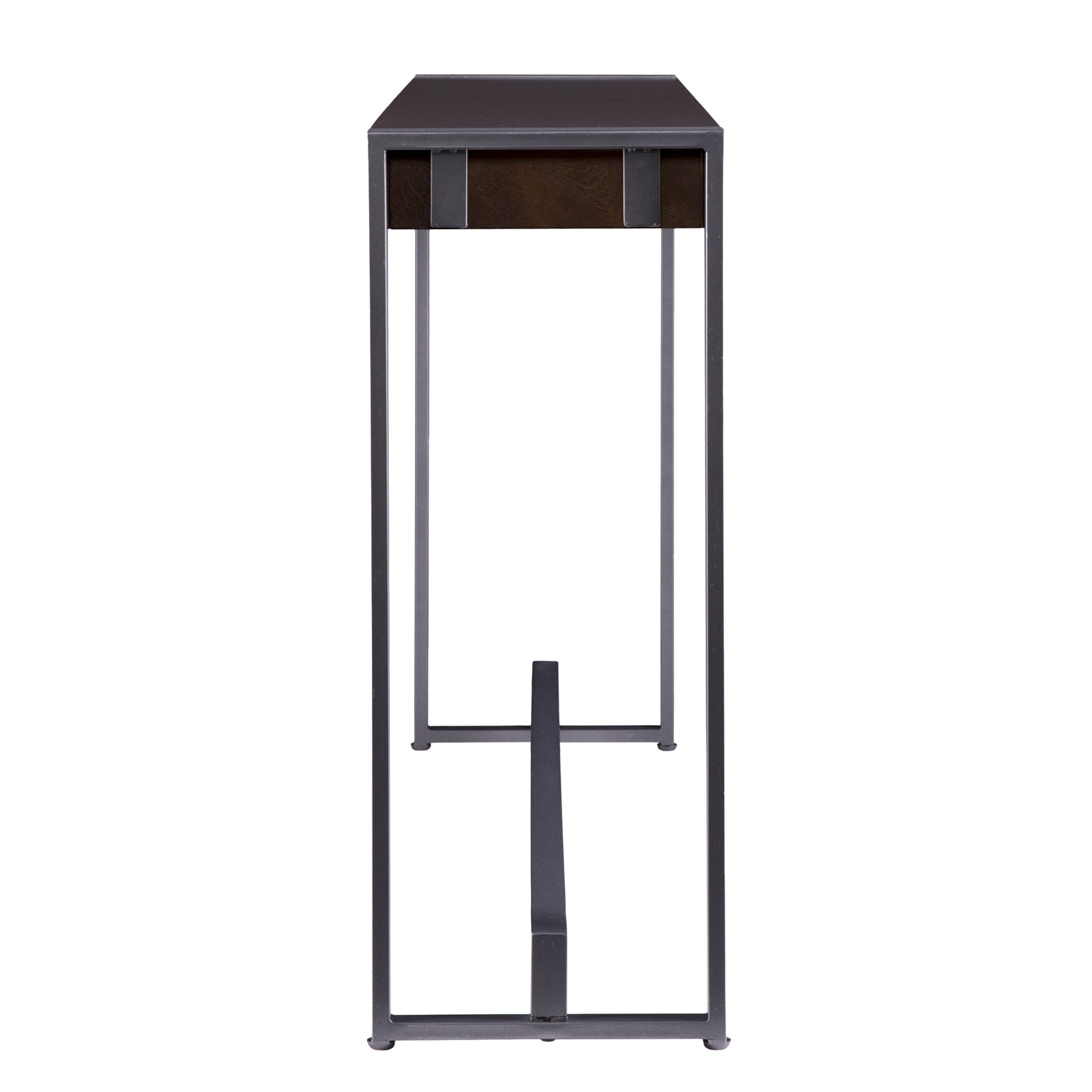 54" Dark Brown and Gunmetal Sled Console Table-Console Tables-DECOROLALA