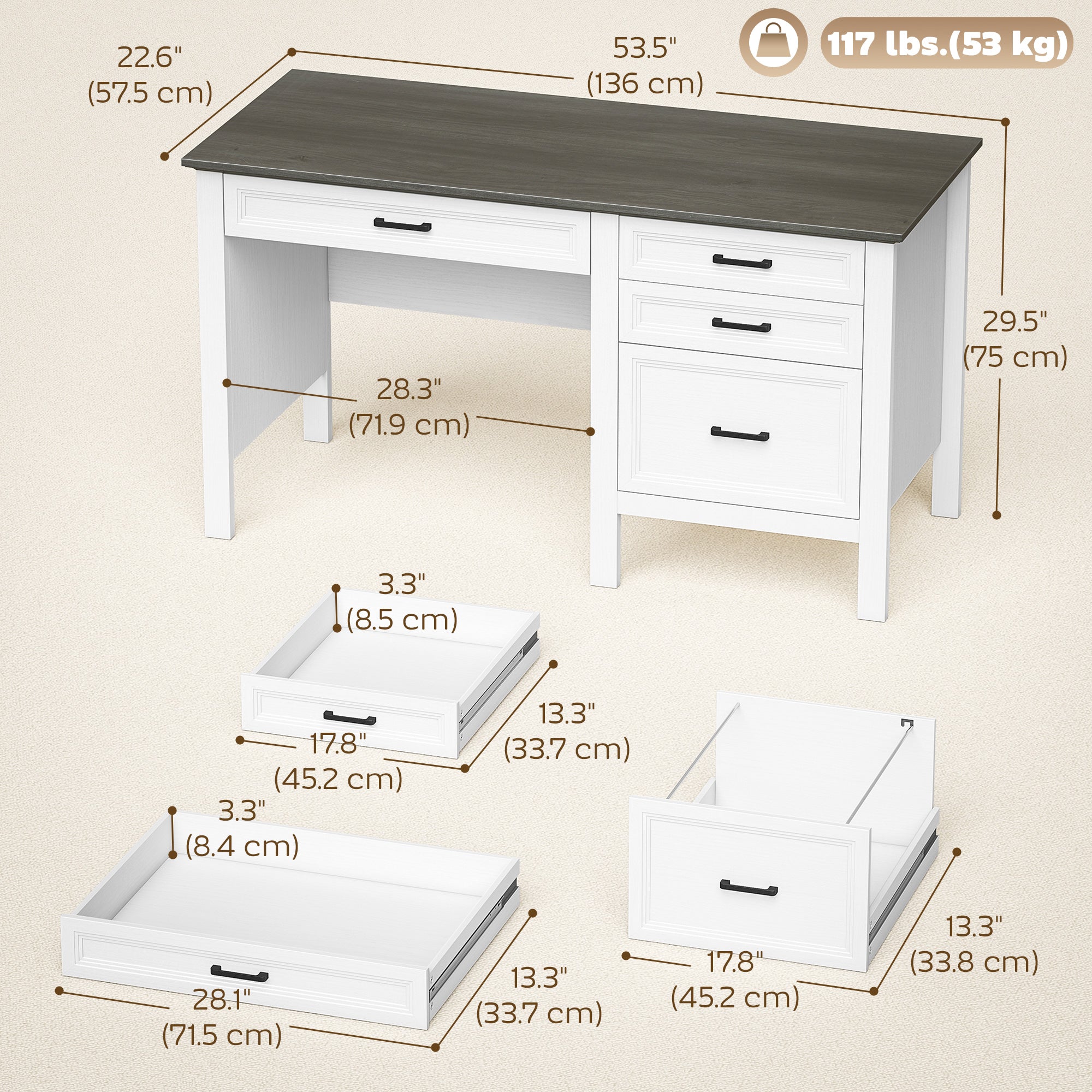 54" Farmhouse Executive Desk with File Drawers - White-DECOROLALA