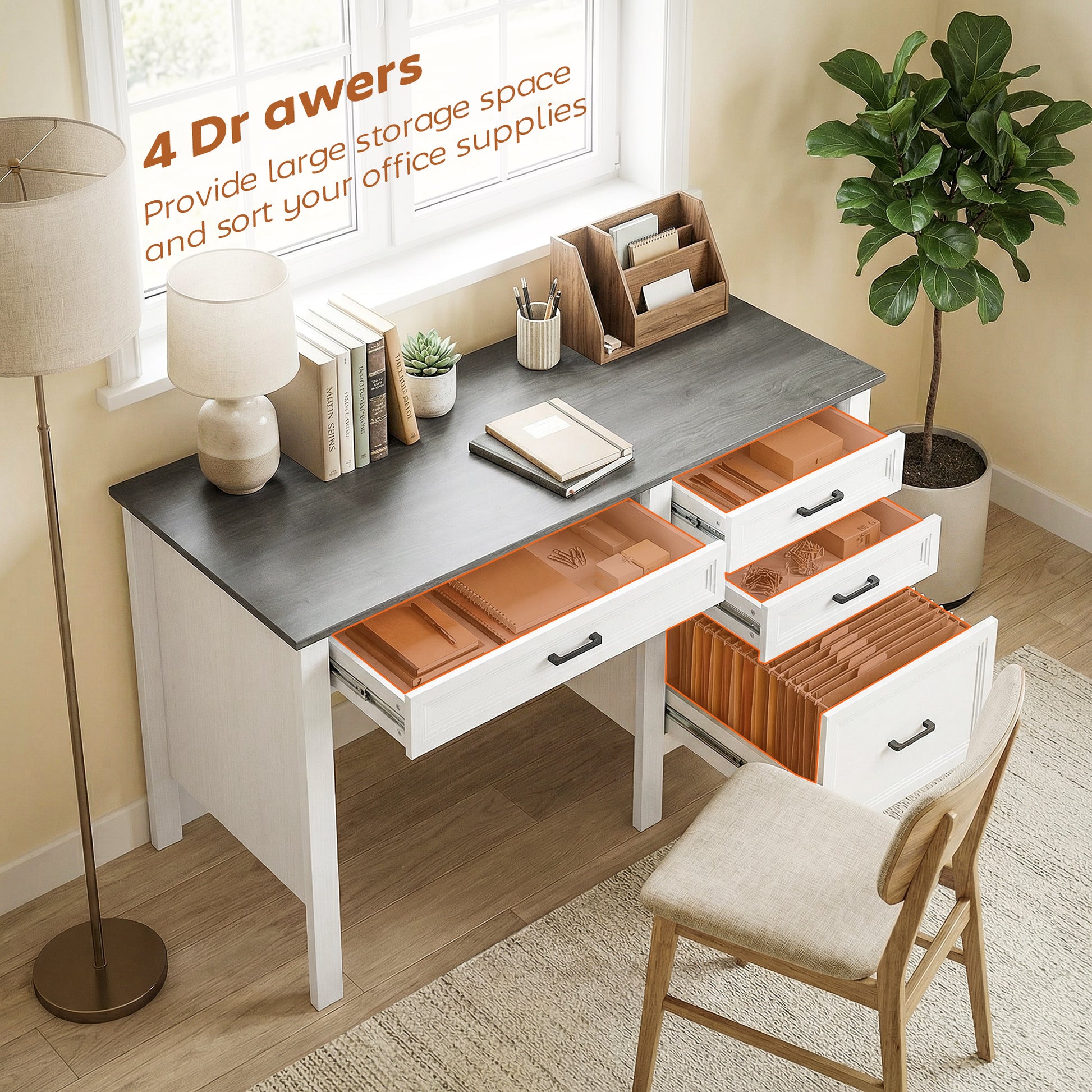 54" Farmhouse Executive Desk with File Drawers - White-DECOROLALA