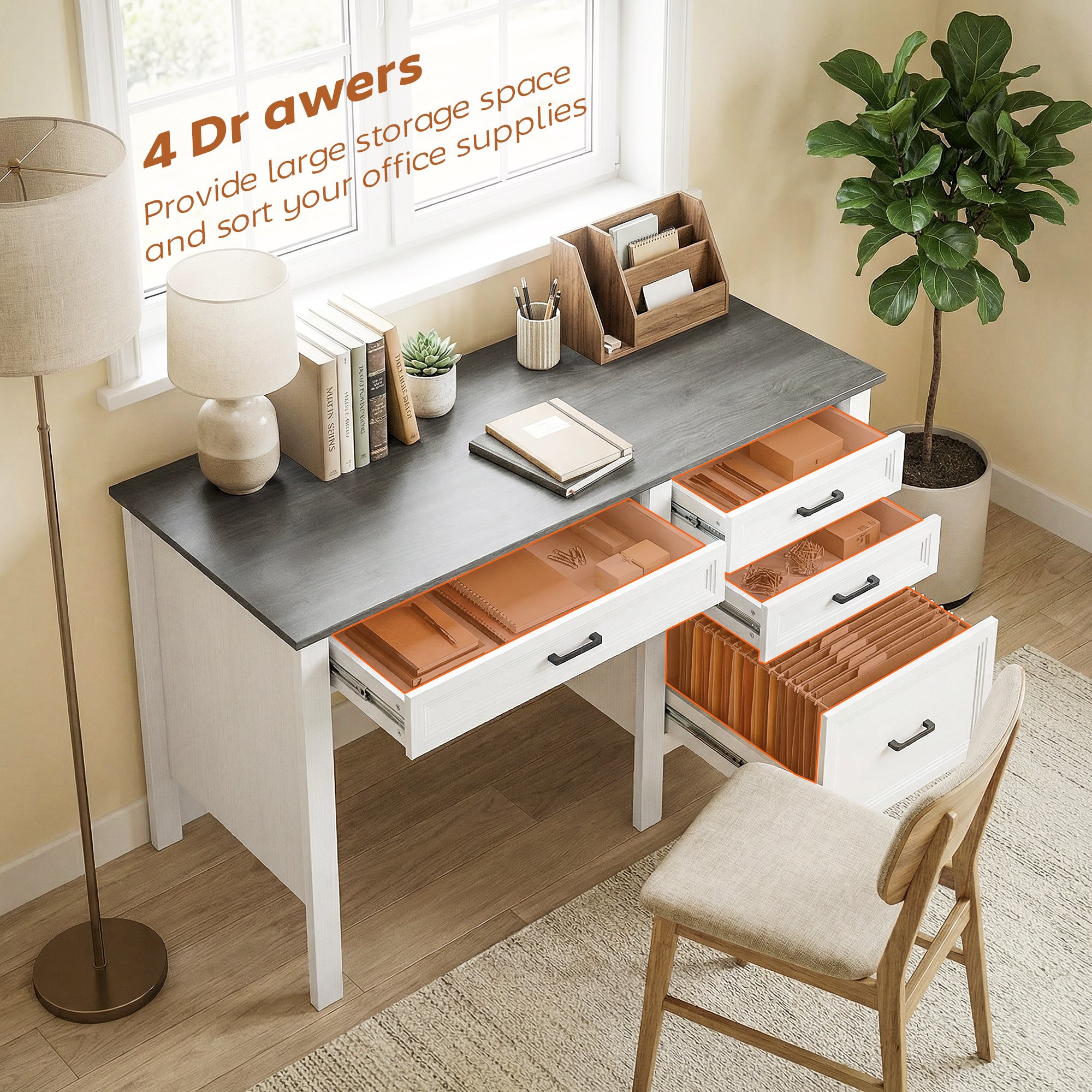 54" Farmhouse Executive Desk with File Drawers - White-DECOROLALA