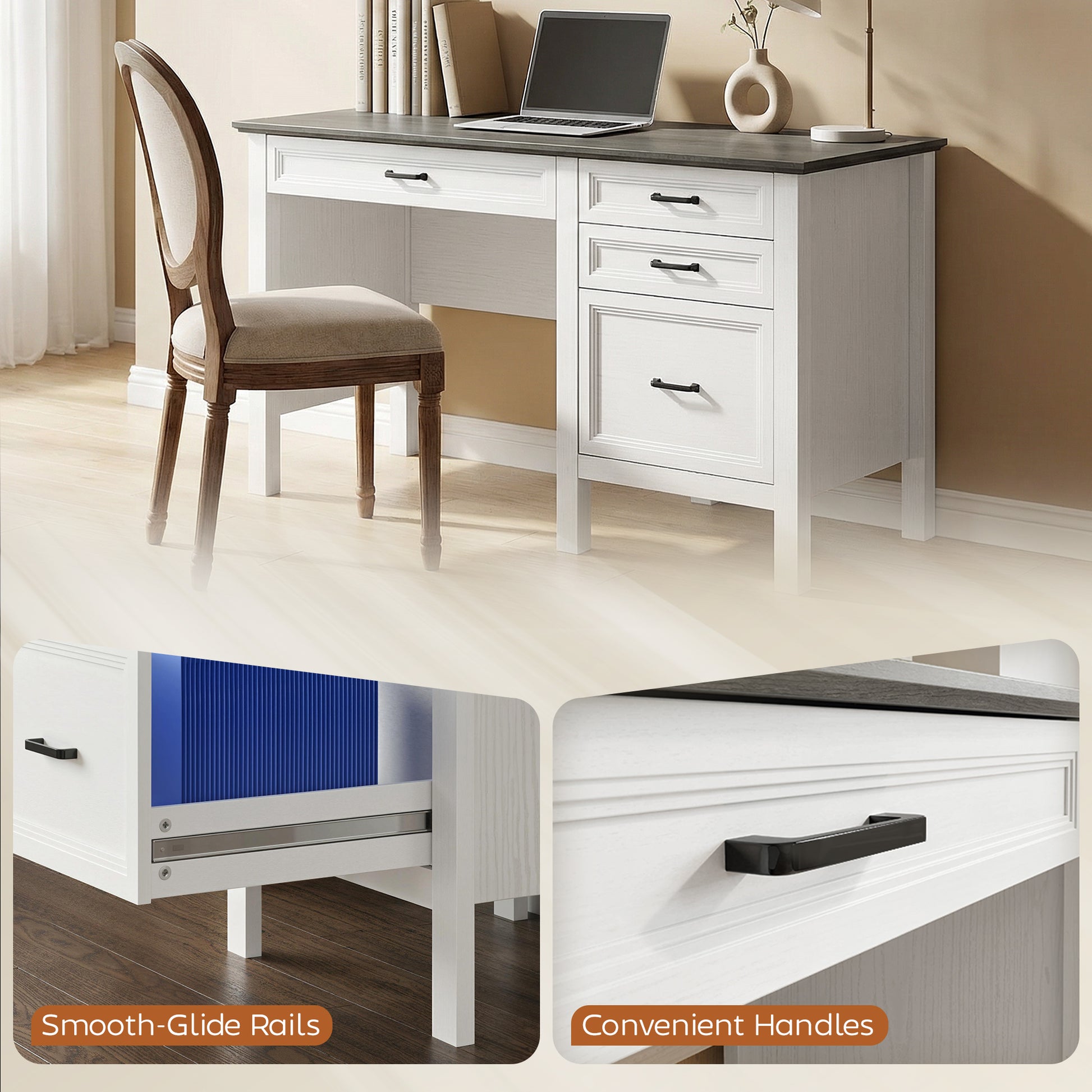 54" Farmhouse Executive Desk with File Drawers - White-DECOROLALA