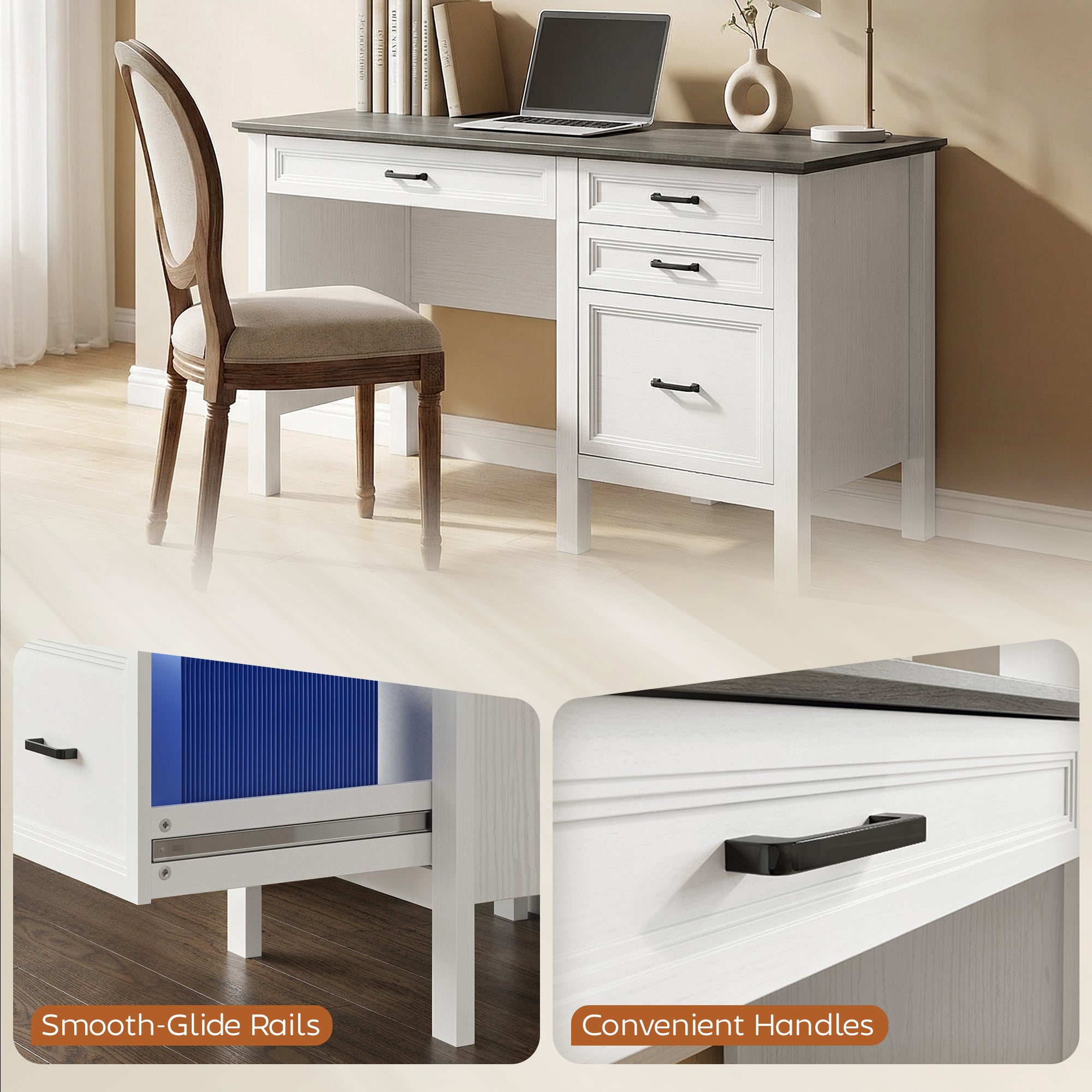 54" Farmhouse Executive Desk with File Drawers - White-DECOROLALA