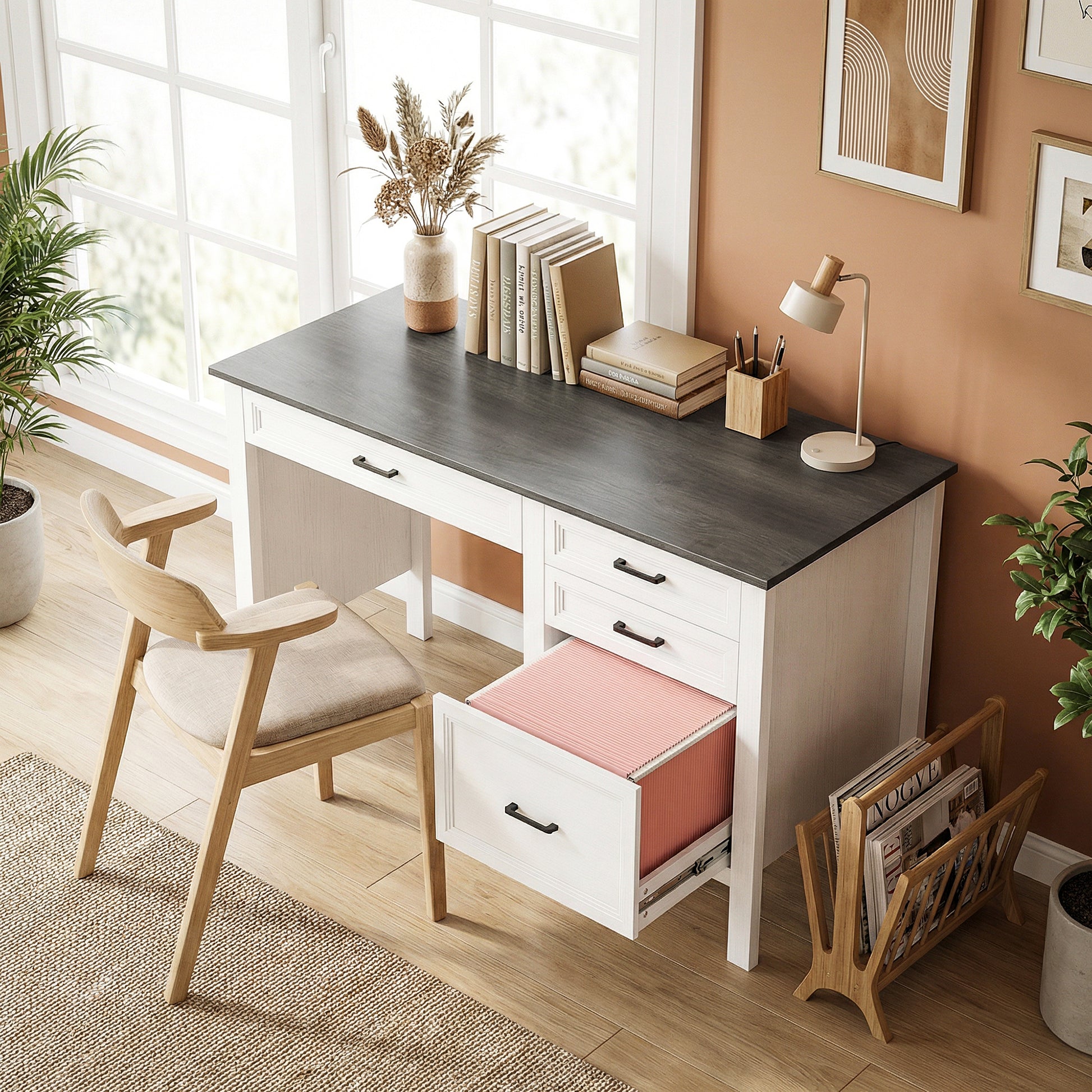 54" Farmhouse Executive Desk with File Drawers - White-DECOROLALA