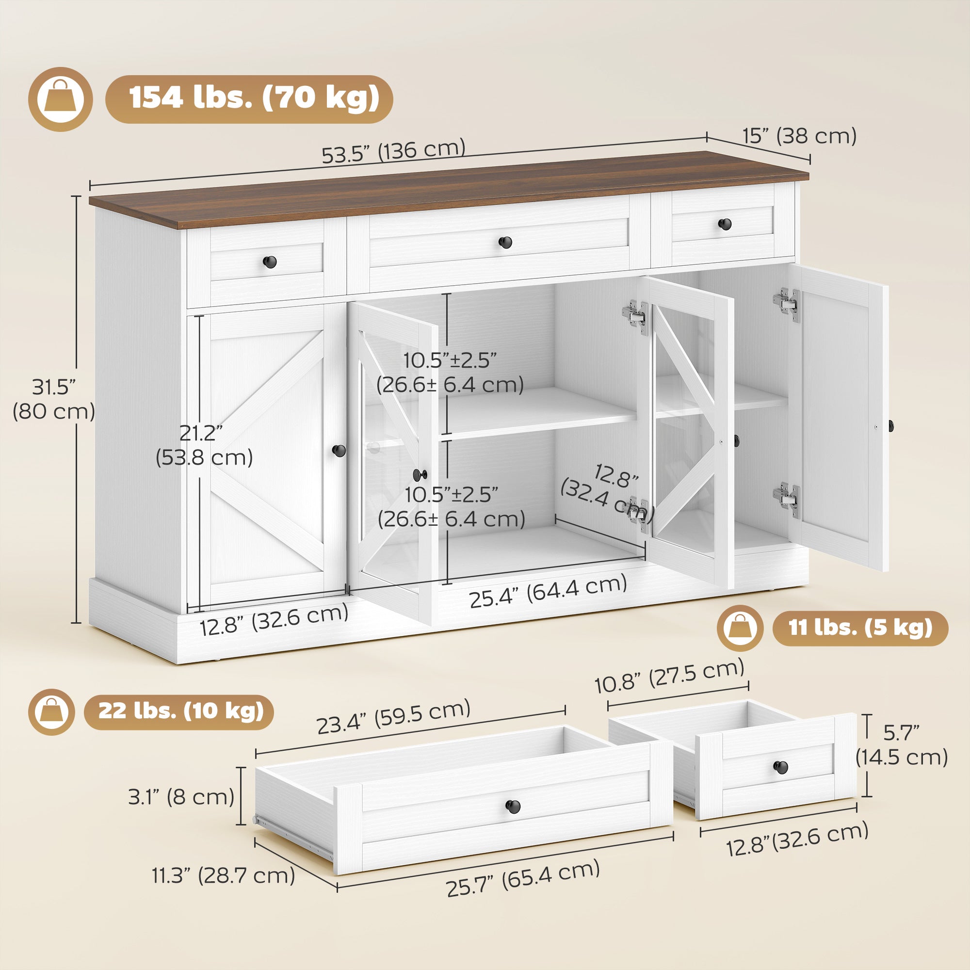 54" Farmhouse Sideboard Buffet Cabinet with Acrylic Doors - White-DECOROLALA