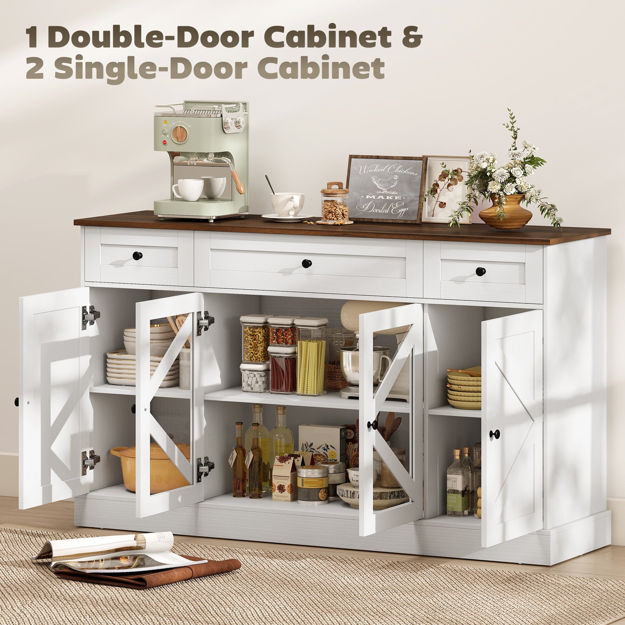 54" Farmhouse Sideboard Buffet Cabinet with Acrylic Doors - White-DECOROLALA