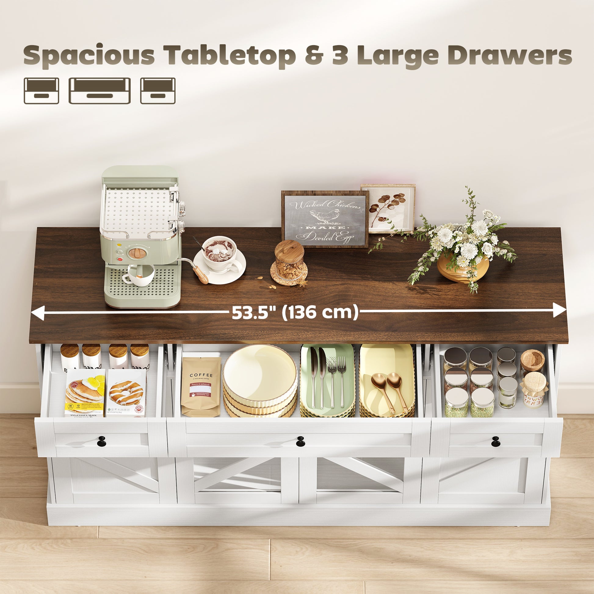 54" Farmhouse Sideboard Buffet Cabinet with Acrylic Doors - White-DECOROLALA