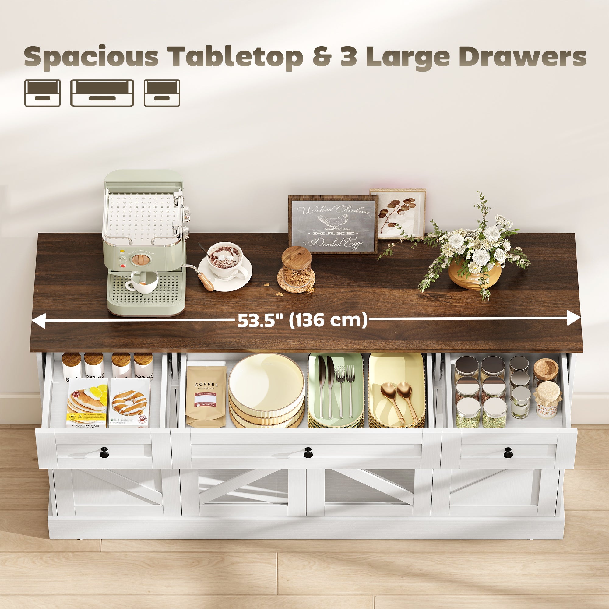 54" Farmhouse Sideboard Buffet Cabinet with Acrylic Doors - White-DECOROLALA
